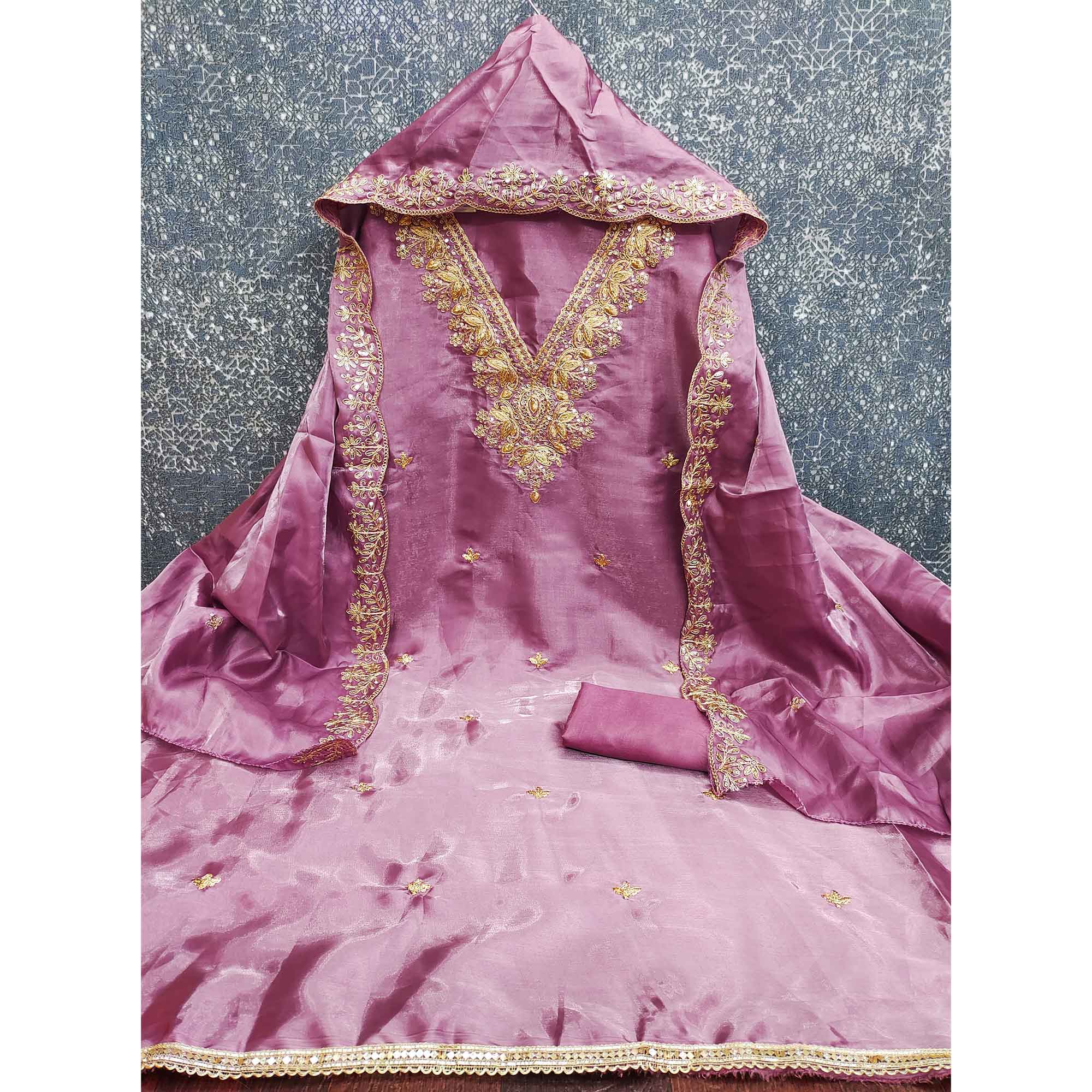 Onion Pink Organza Dress Material With Elegant Thread Embroidery