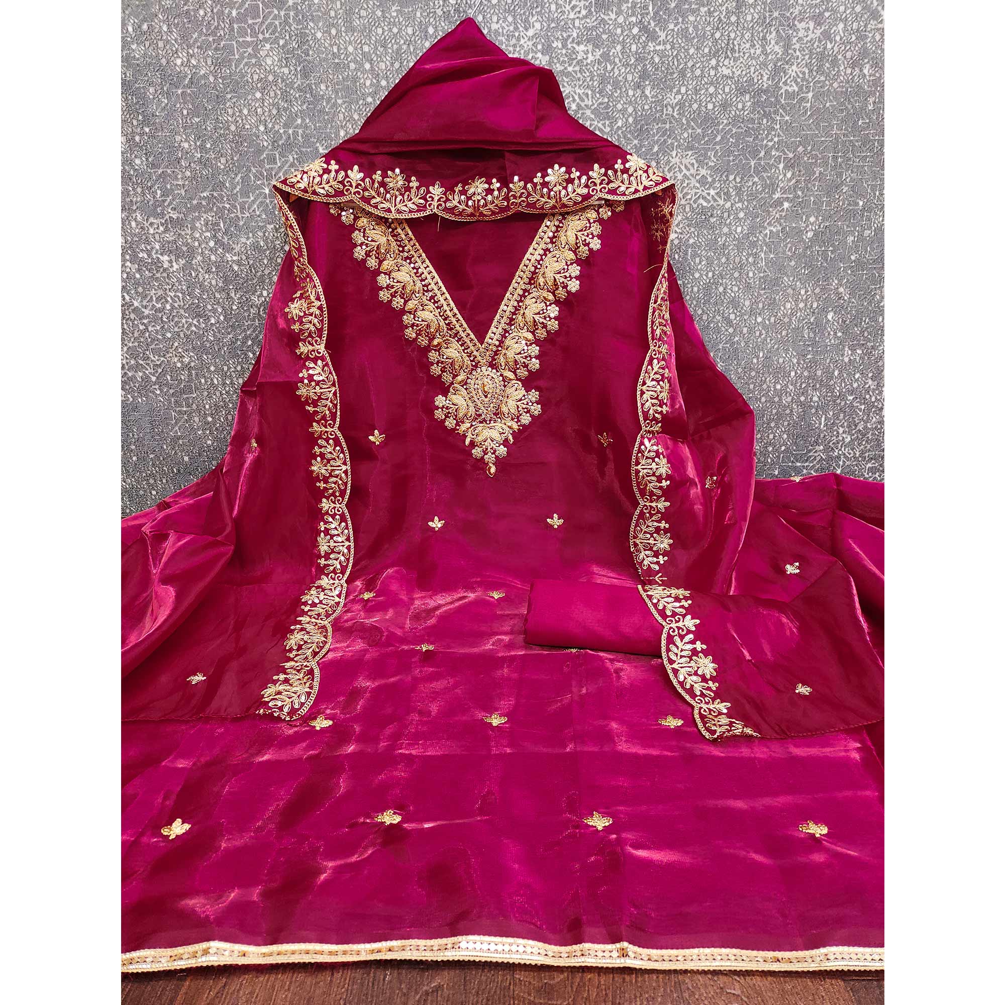 Pink Unstitched Organza Suit with Thread Embroidery