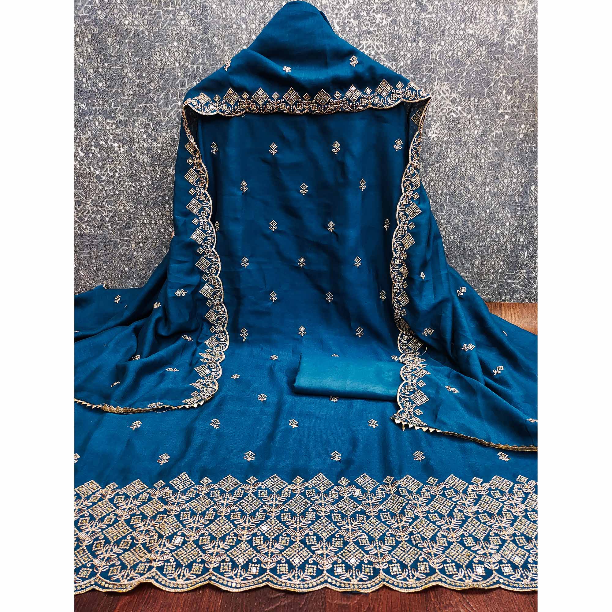 Morpich Blue Vichitra Silk Dress Material Featuring Intricate Floral Embroidery & Sequins Work