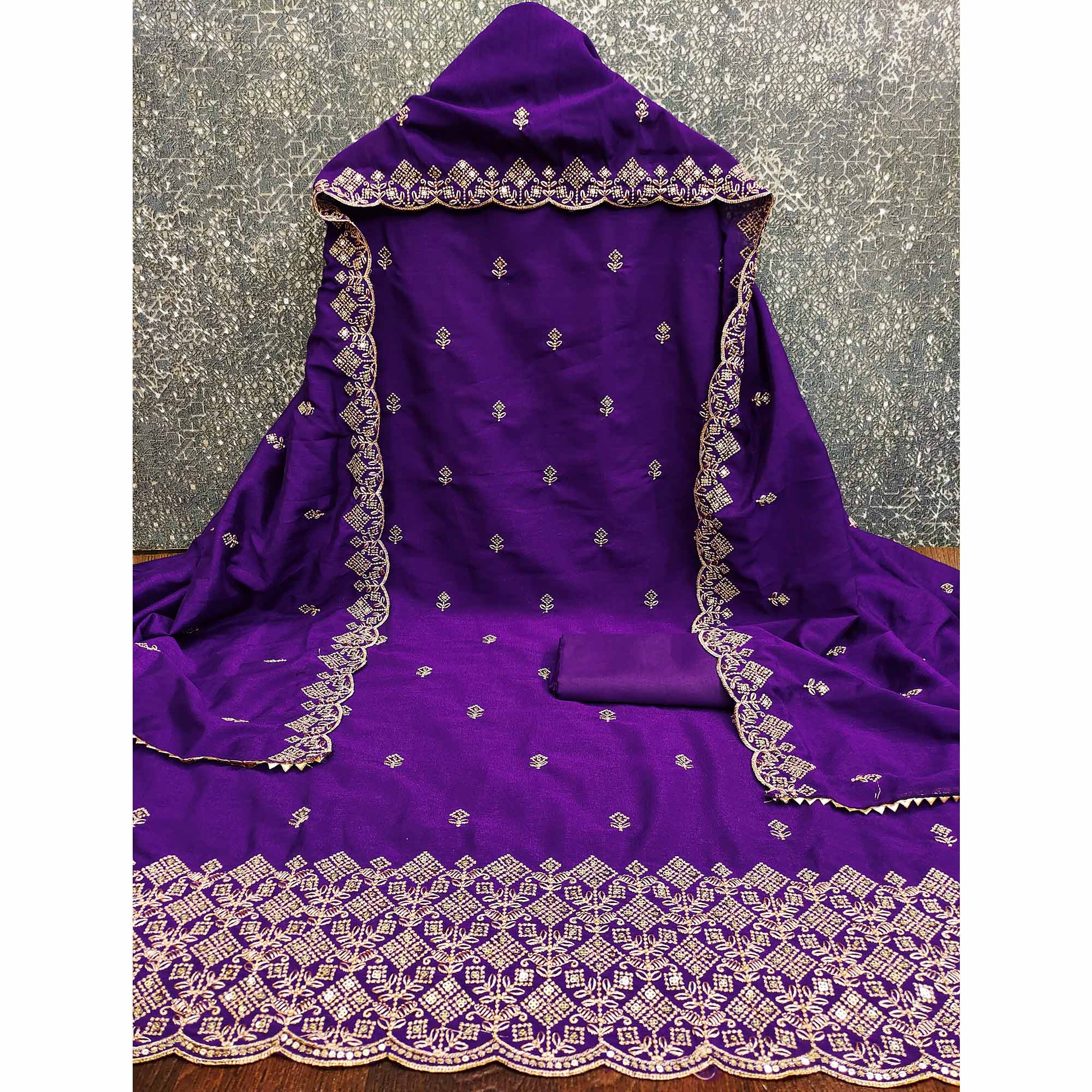 Purple Vichitra Silk Dress Material Featuring Intricate Floral Embroidery & Sequins Work