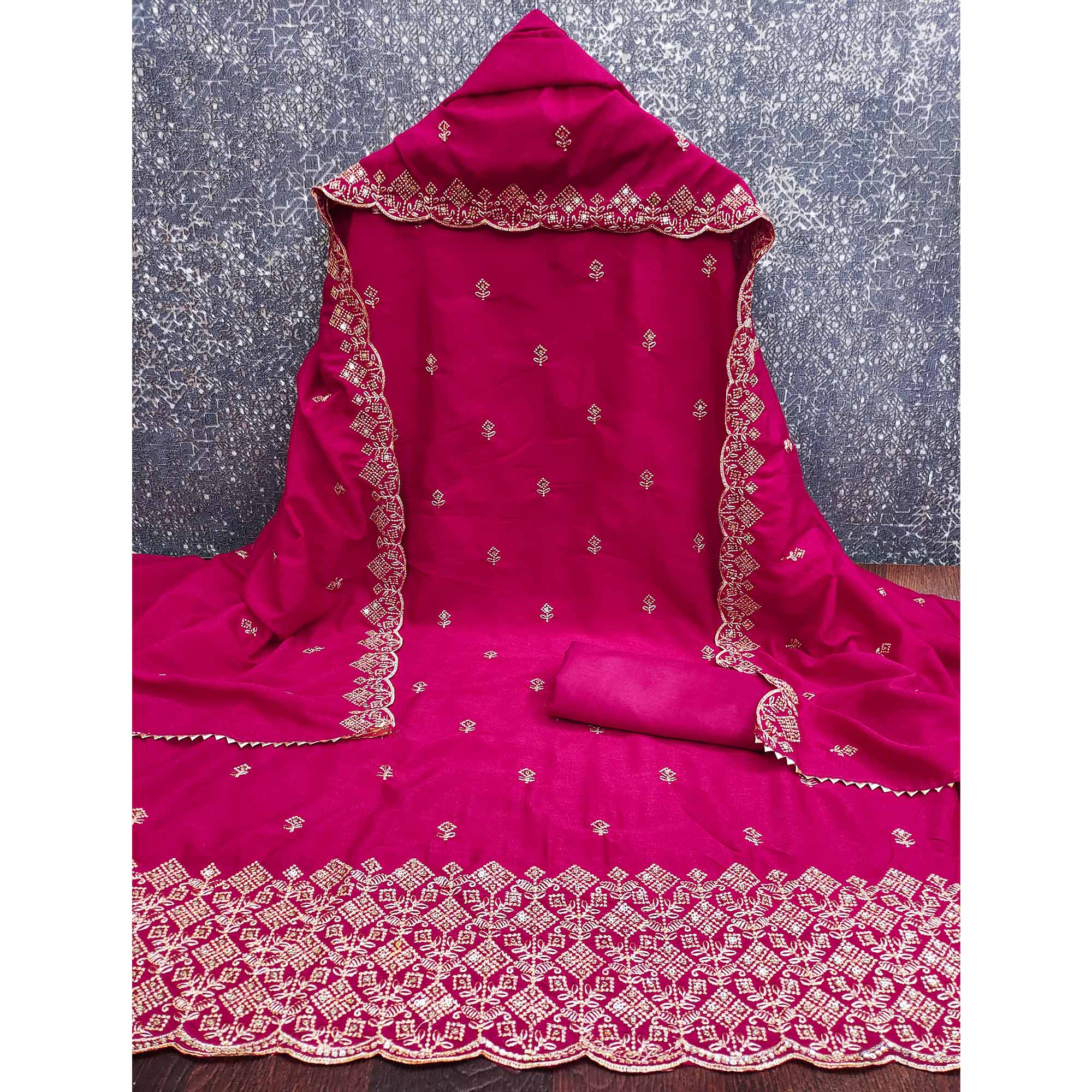 Rani Pink Vichitra Silk Dress Material Featuring Intricate Floral Embroidery & Sequins Work