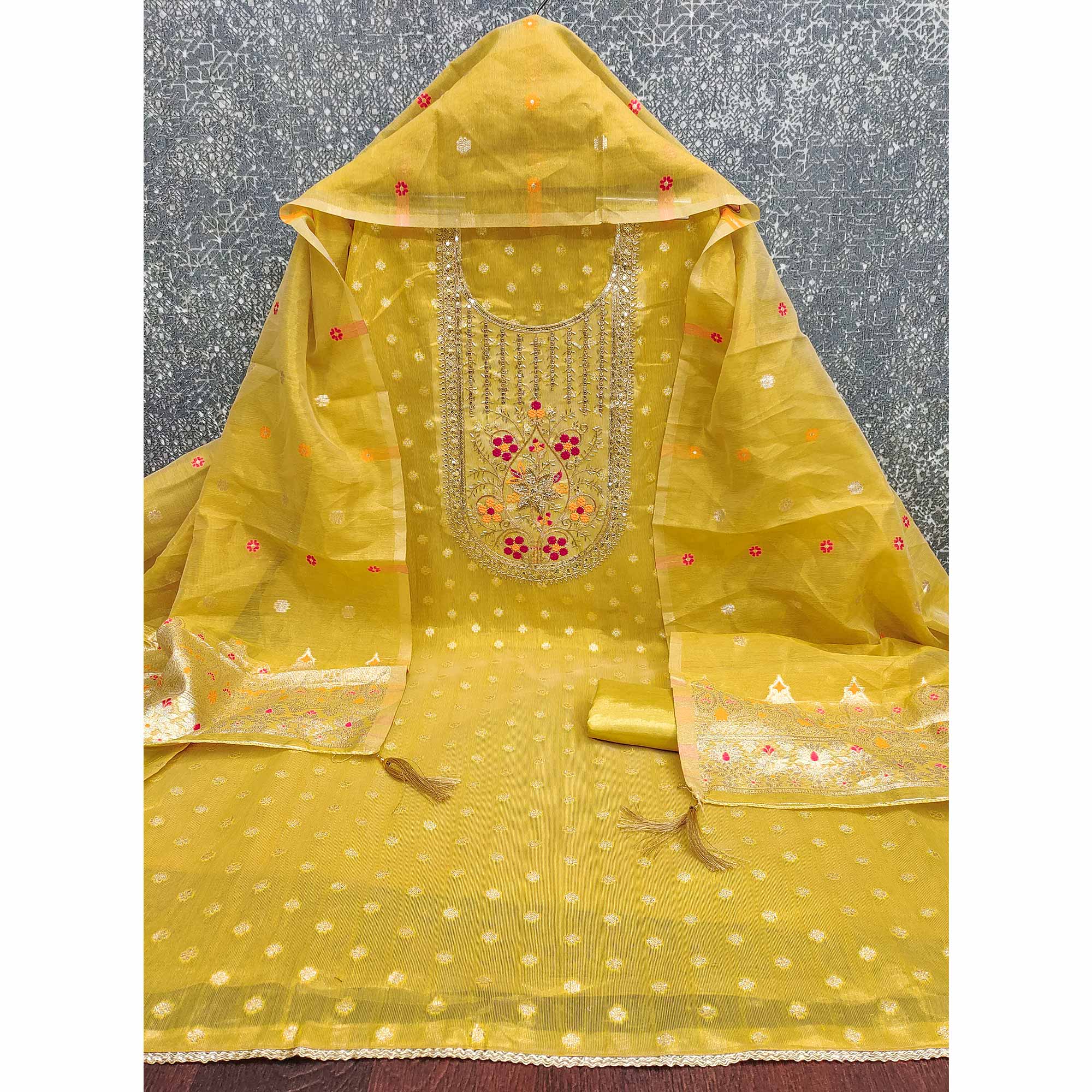 Yellow Shimmer Dress Material Adorned With Graceful Floral Weaving & Delicate Sequins Embroidery