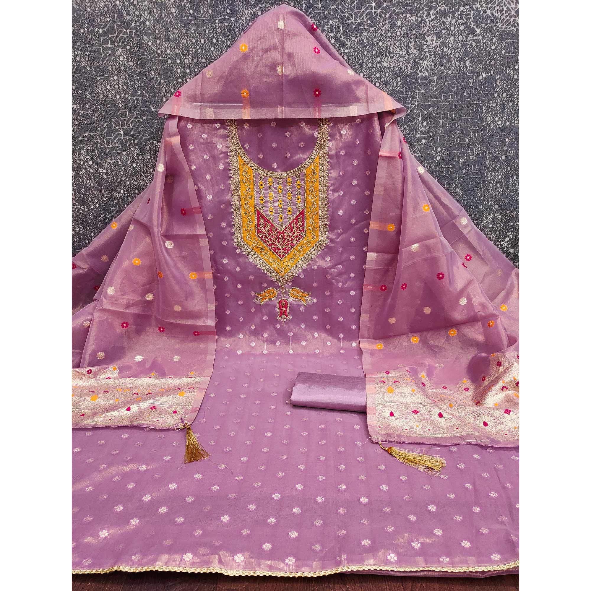 Lavender Shimmer Dress Material Featuring Floral Weaving & Sparkling Sequins Embroidery