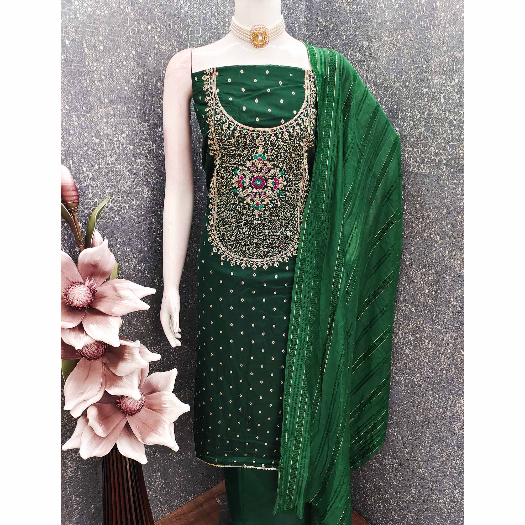 Green Floral Butti Jacquard Chanderi Silk Dress Material Enhanced With Sparkling Sequins Embroidery