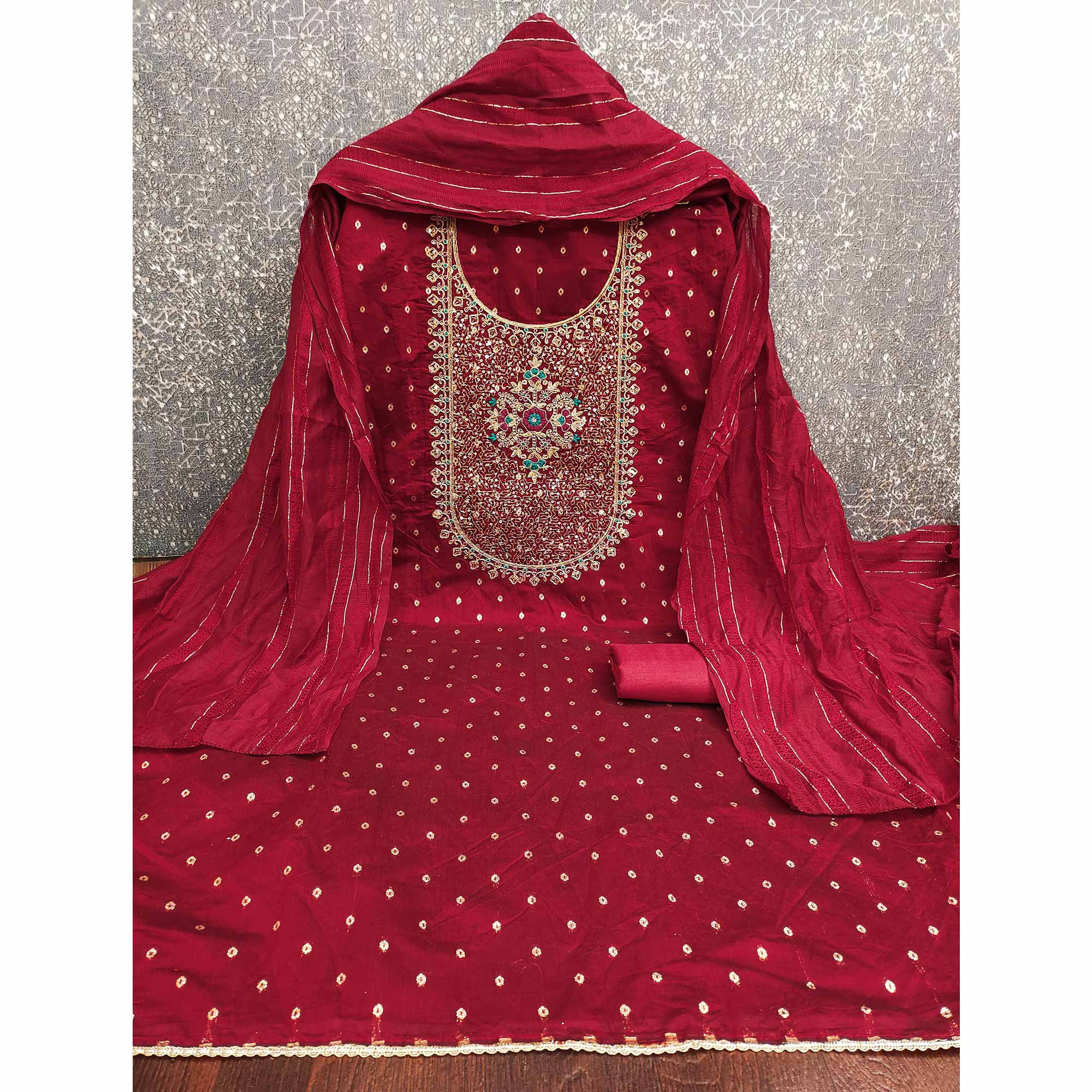 Red Floral Butti Jacquard Chanderi Silk Dress Material Enhanced With Sparkling Sequins Embroidery