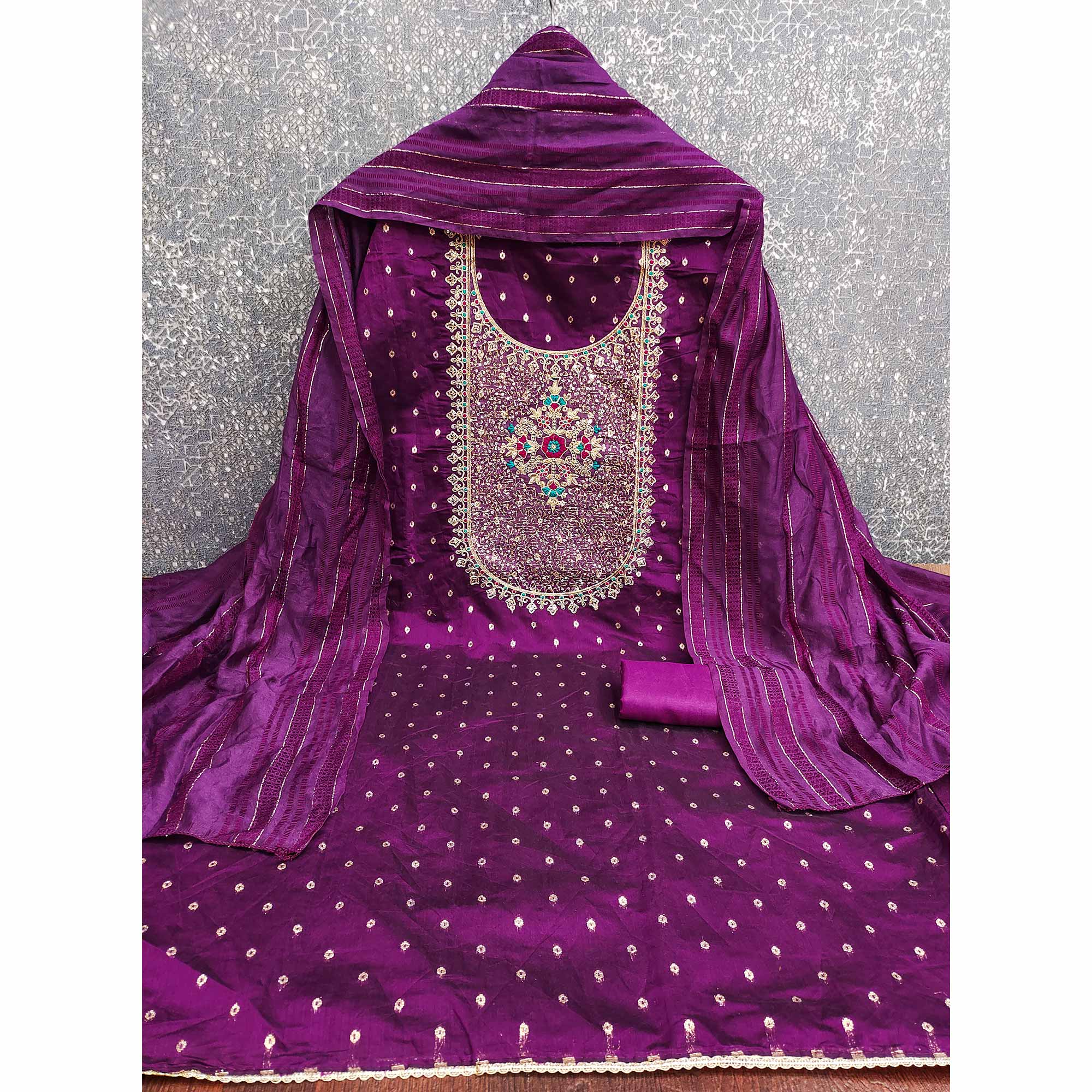 Wine Floral Butti Jacquard Chanderi Silk Dress Material Enhanced With Sparkling Sequins Embroidery