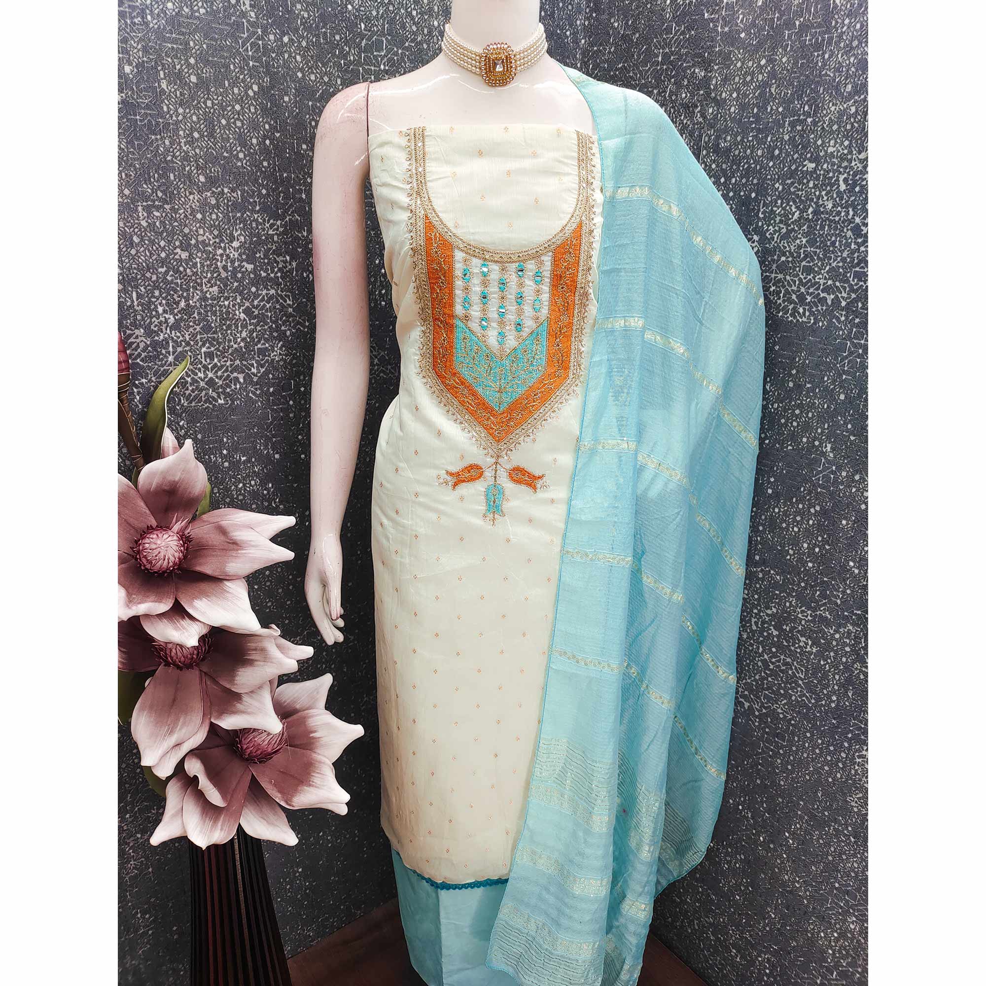 OffWhite & Blue Floral Cording & Sequins Embroidered With Butti Chanderi Silk Dress Material