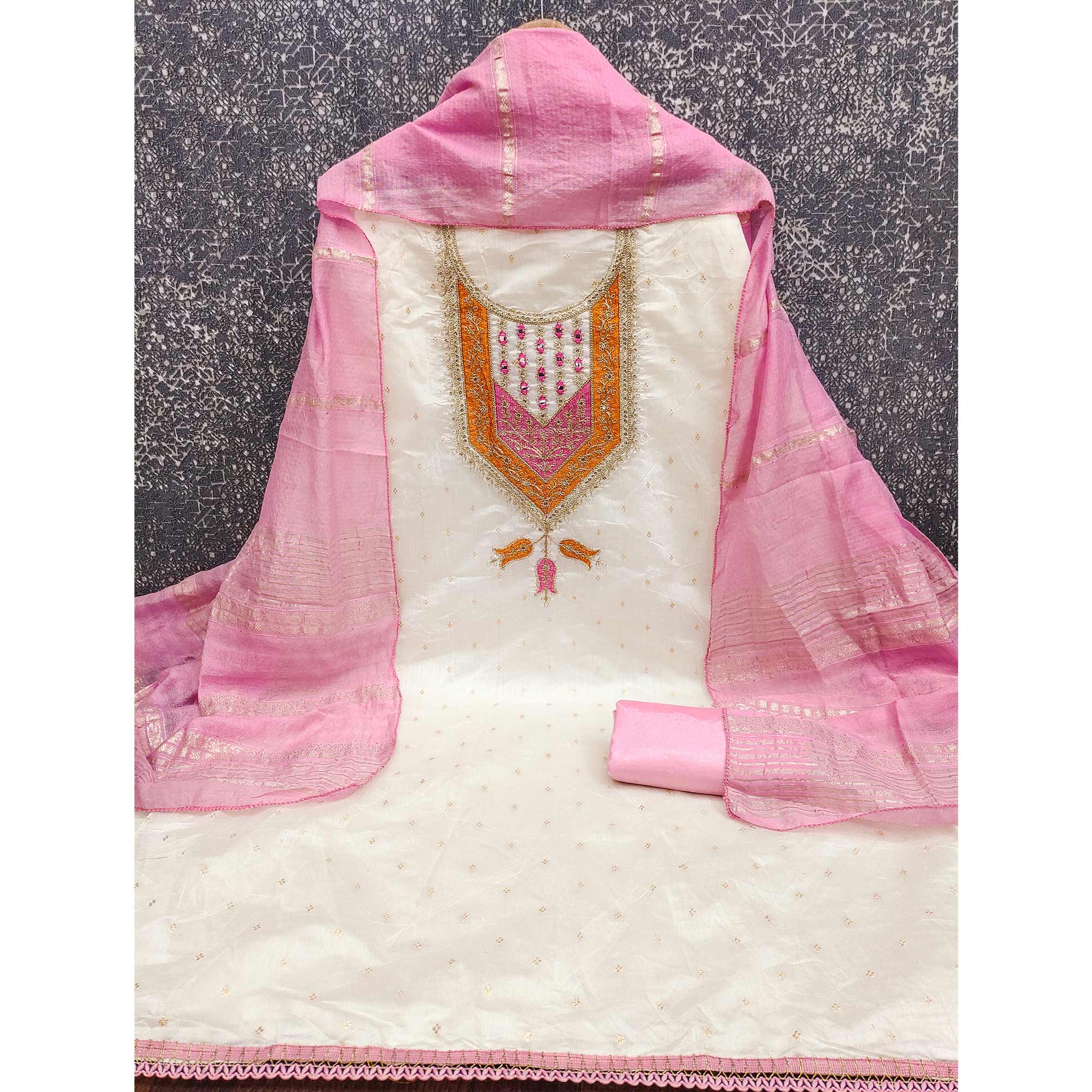 OffWhite & Pink Floral Cording & Sequins Embroidered With Butti Chanderi Silk Dress Material