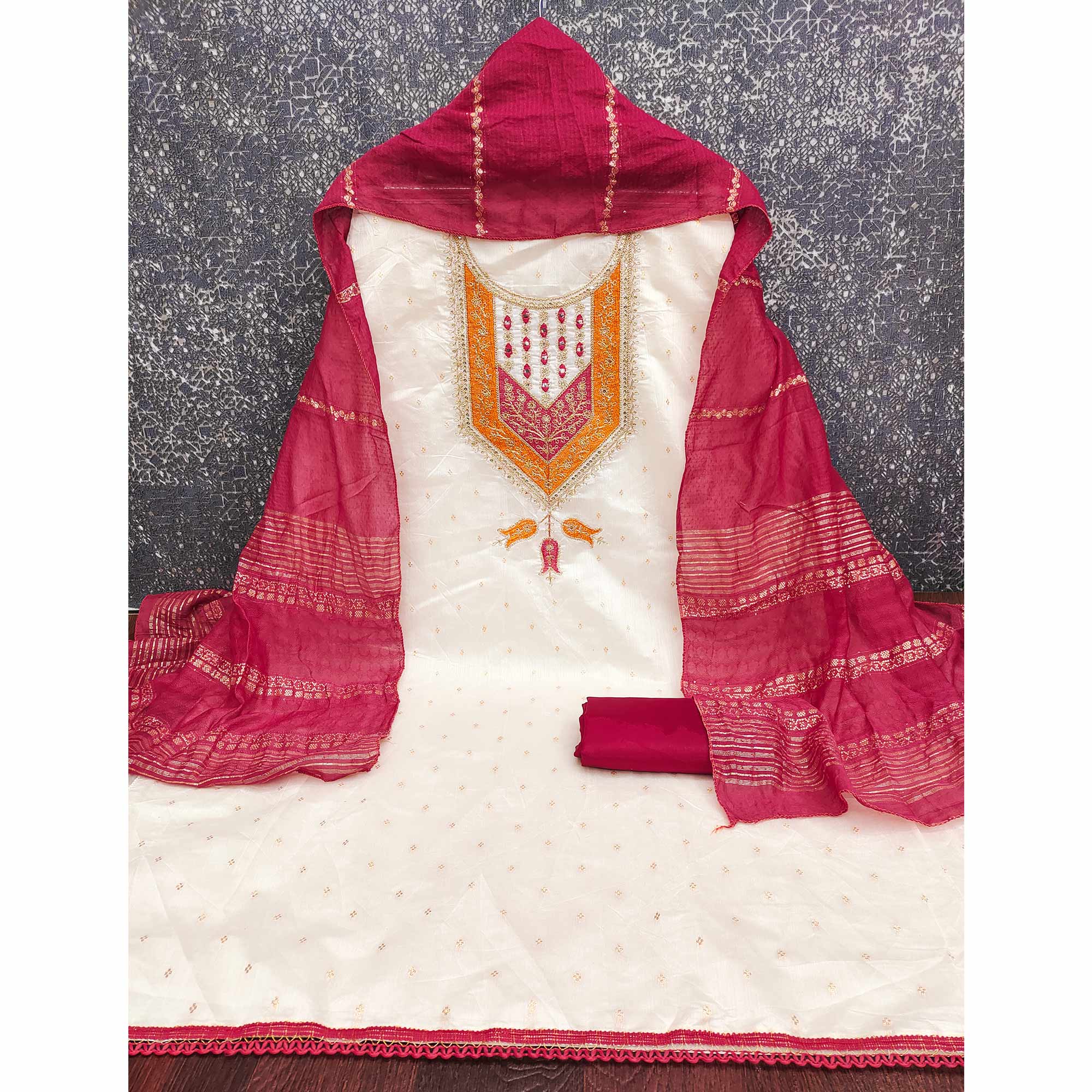 OffWhite & Cherry Red Floral Cording & Sequins Embroidered With Butti Chanderi Silk Dress Material