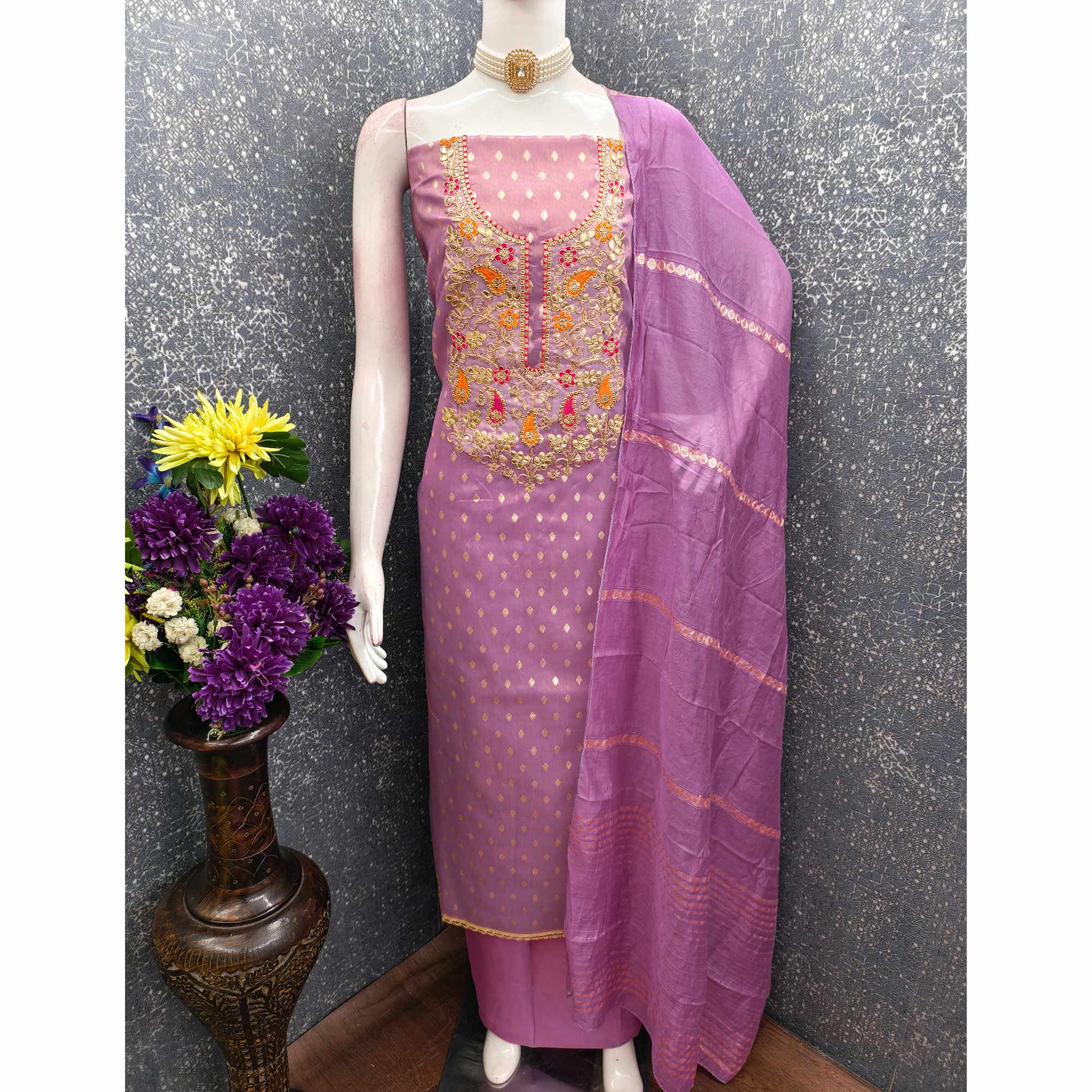 Lavender Woven Shimmer Dress Material Featuring Sequins Embroidery & Gota Patti Accents