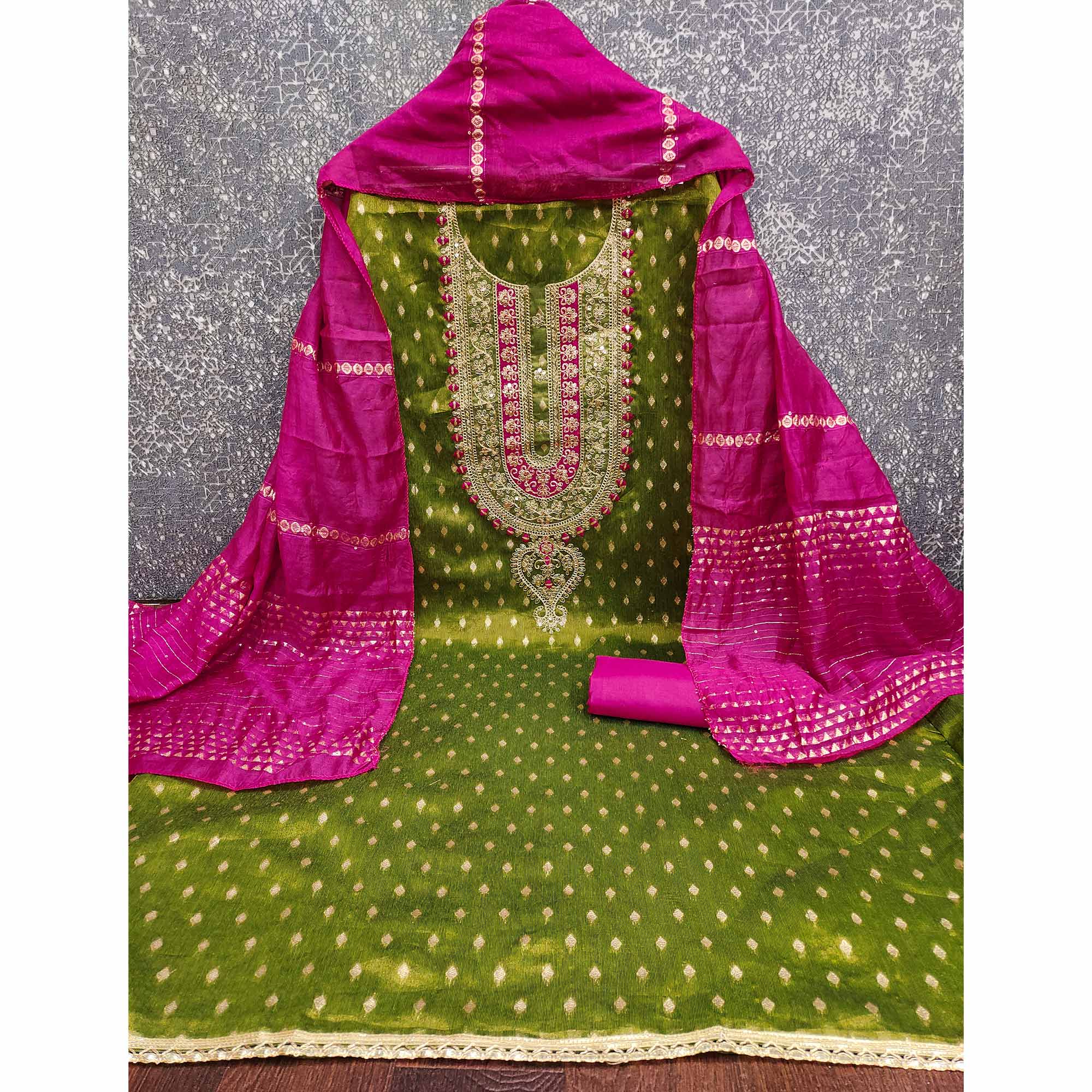 Green Butti Jacquard Shimmer Dress Material Enhanced With Sequins Cording Embroidery