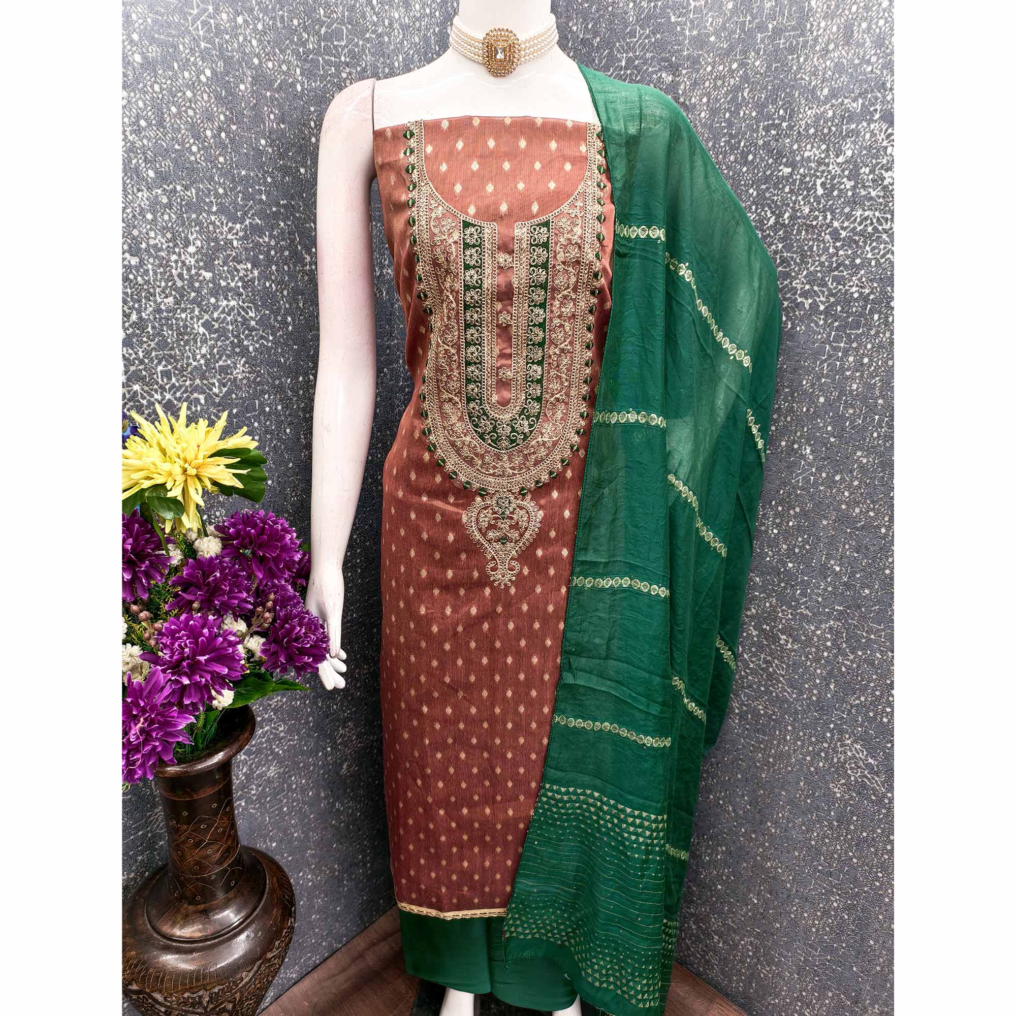 Rust Butti Jacquard Shimmer Dress Material Enhanced With Sequins Cording Embroidery