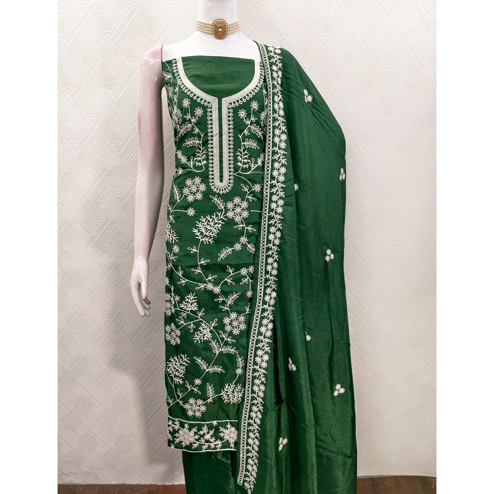 Green Art Silk Dress Material Adorned With Floral Thread Embroidery Work