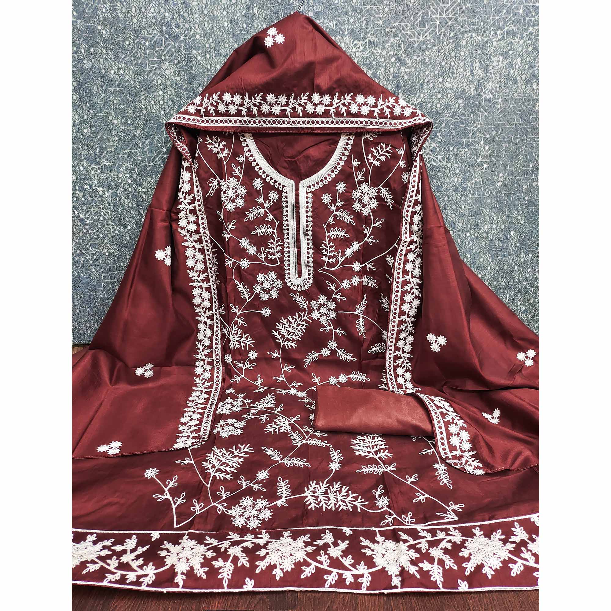 Maroon Art Silk Dress Material Adorned With Floral Thread Embroidery Work