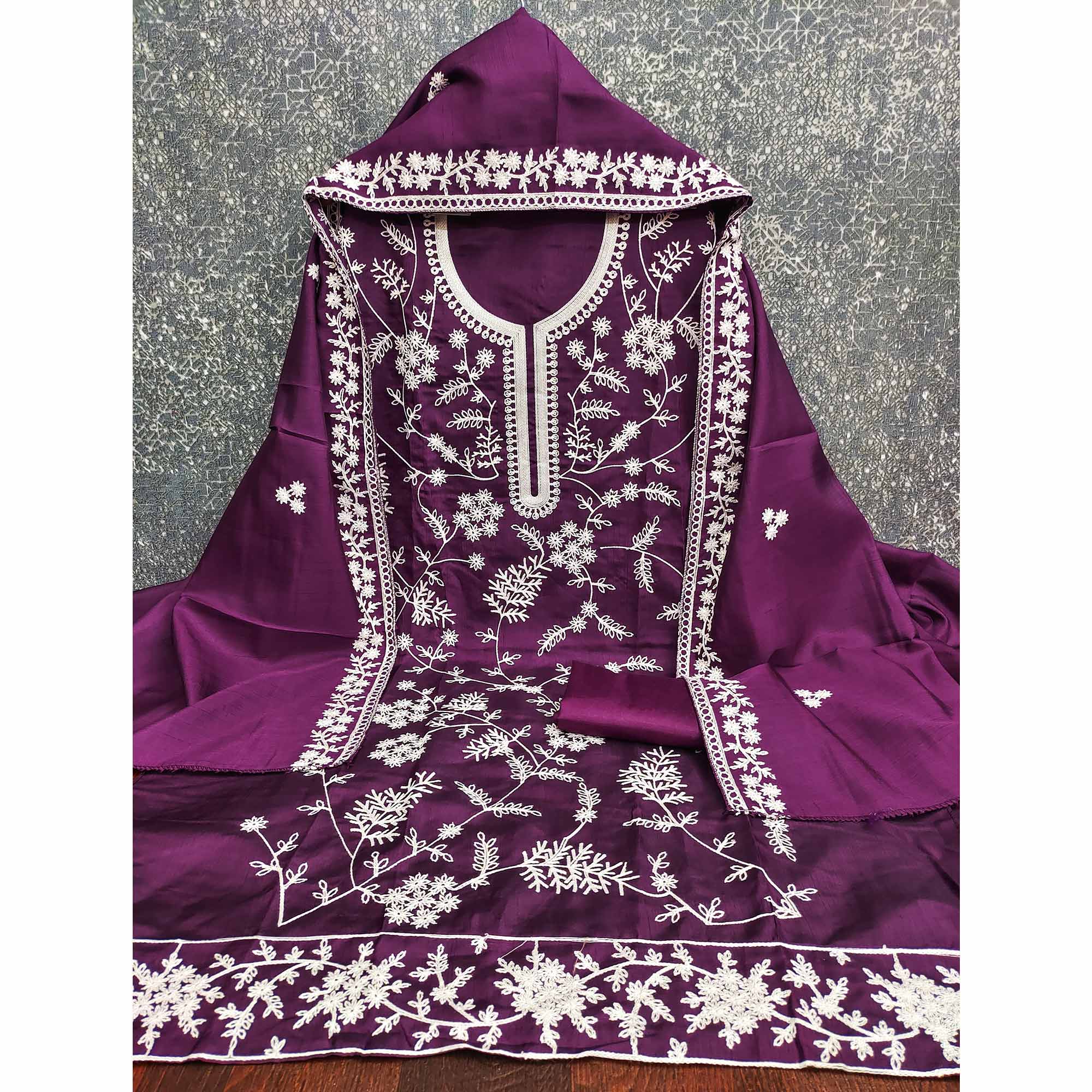 Purple Art Silk Dress Material Adorned With Floral Thread Embroidery Work