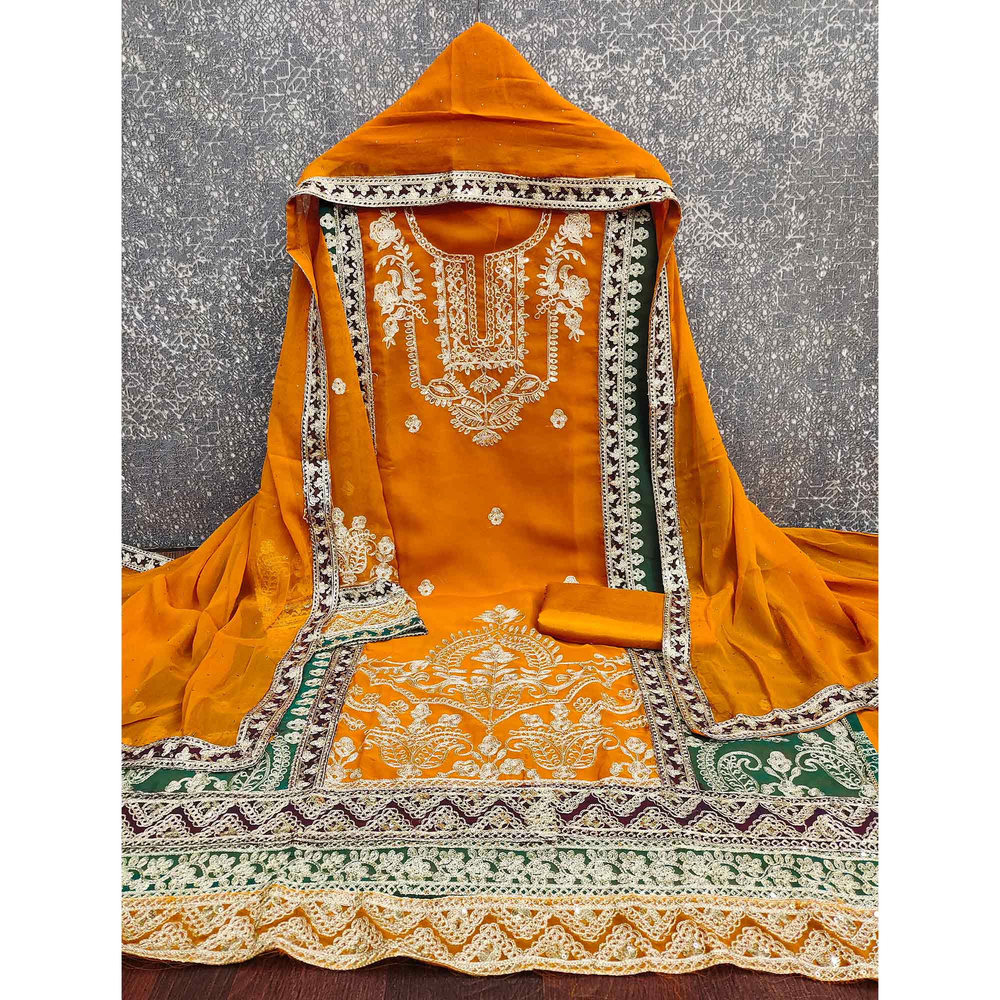 Mustard Georgette Dress Material Featuring Floral Thread Embroidery With Sequins Accents