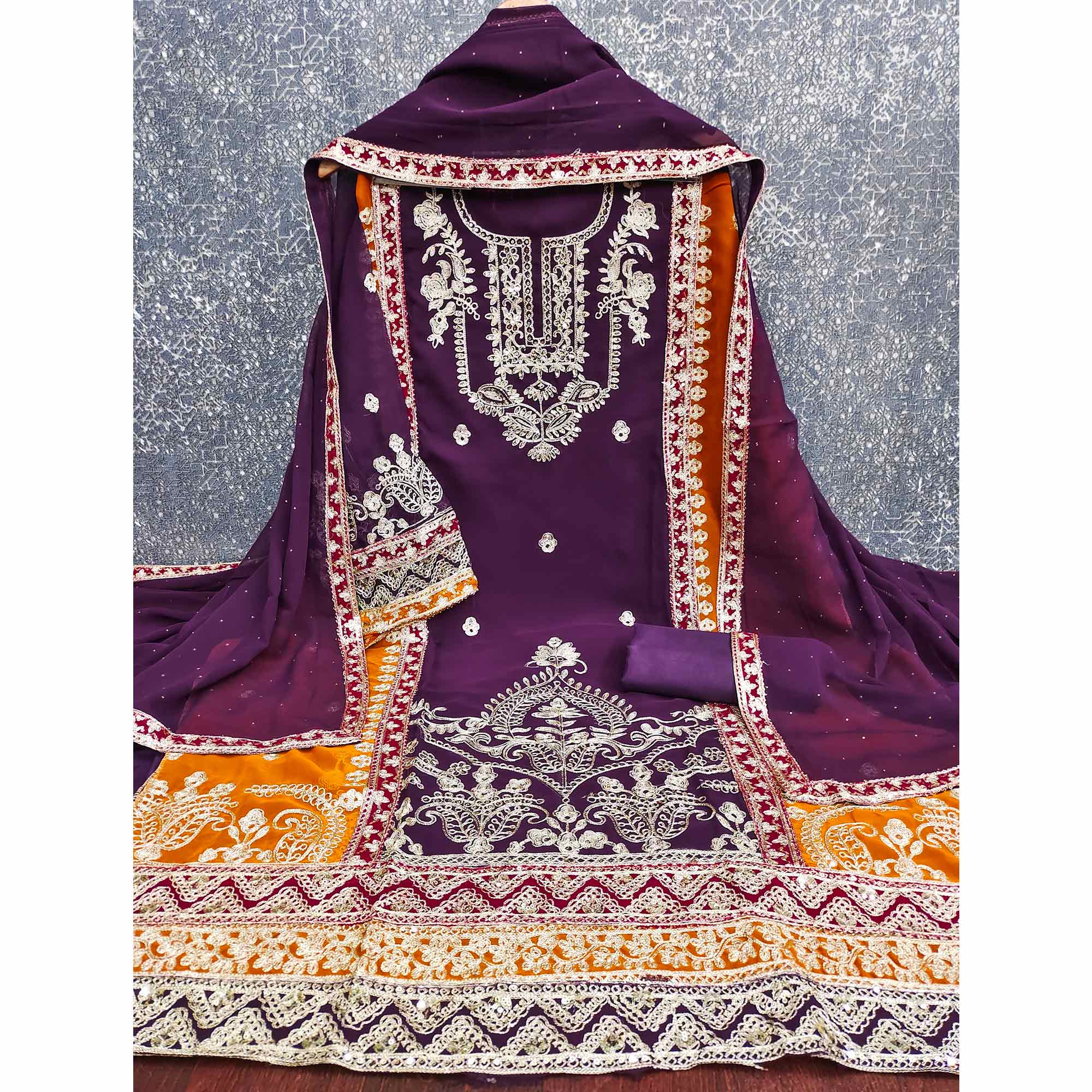 Purple Georgette Dress Material Featuring Floral Thread Embroidery With Sequins Accents