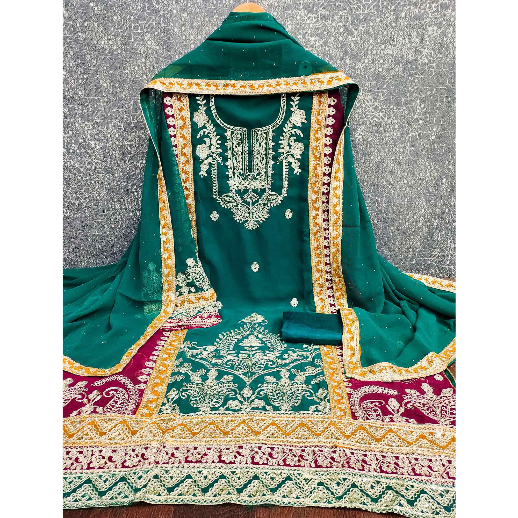 Rama Green Georgette Dress Material Featuring Floral Thread Embroidery With Sequins Accents