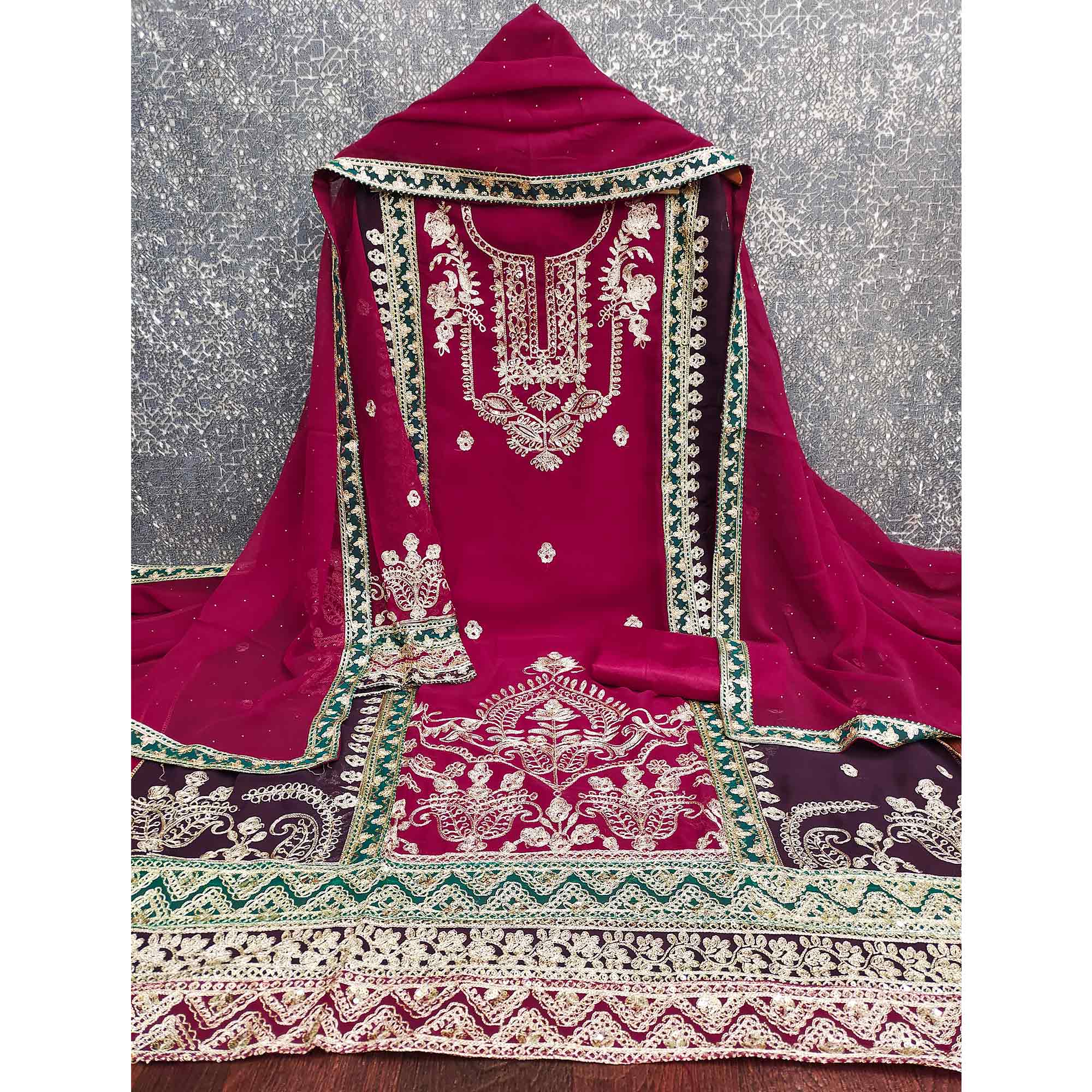 Rani Pink Georgette Dress Material Featuring Floral Thread Embroidery With Sequins Accents