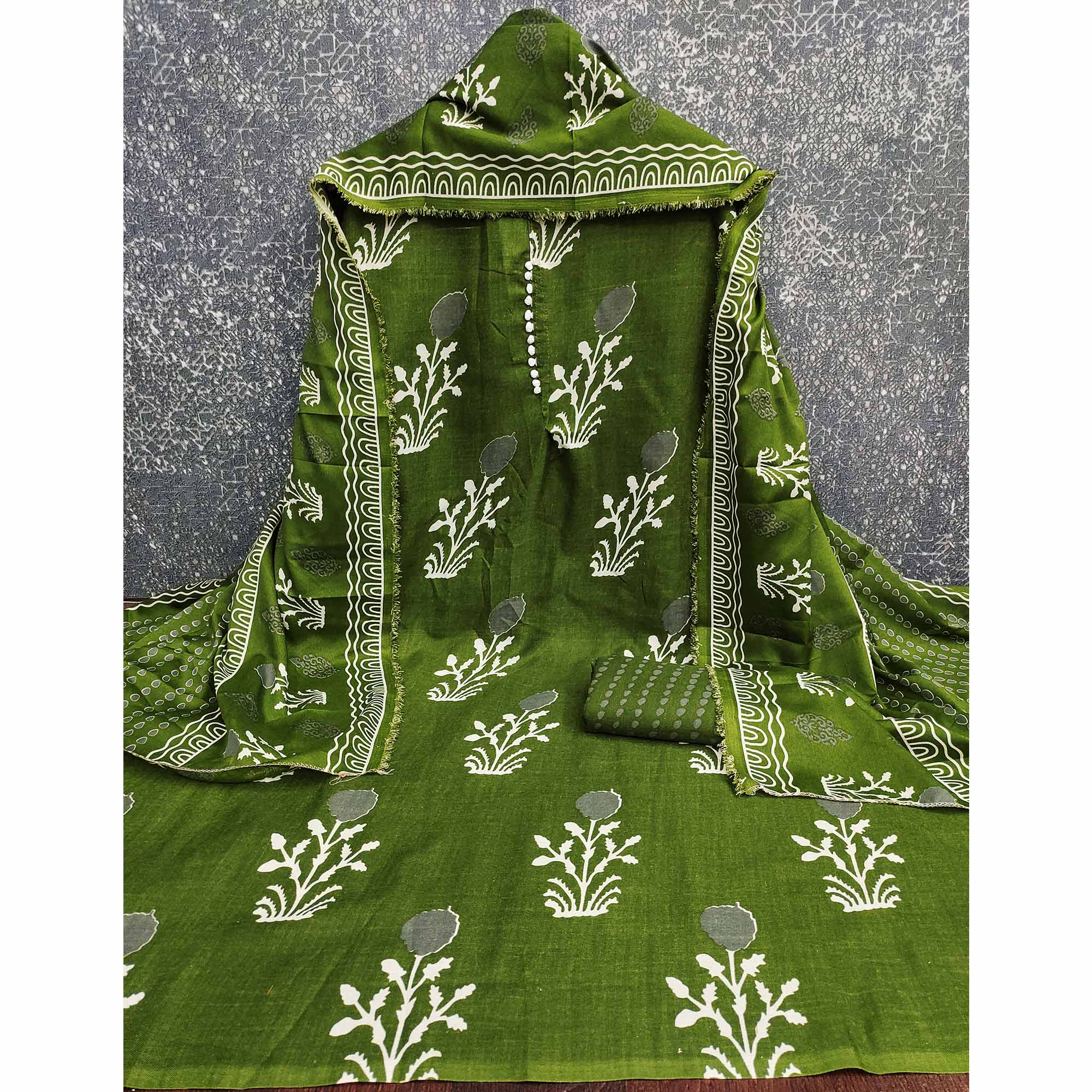 Green Cotton Blend Dress Material Designed With Beautiful Floral Prints