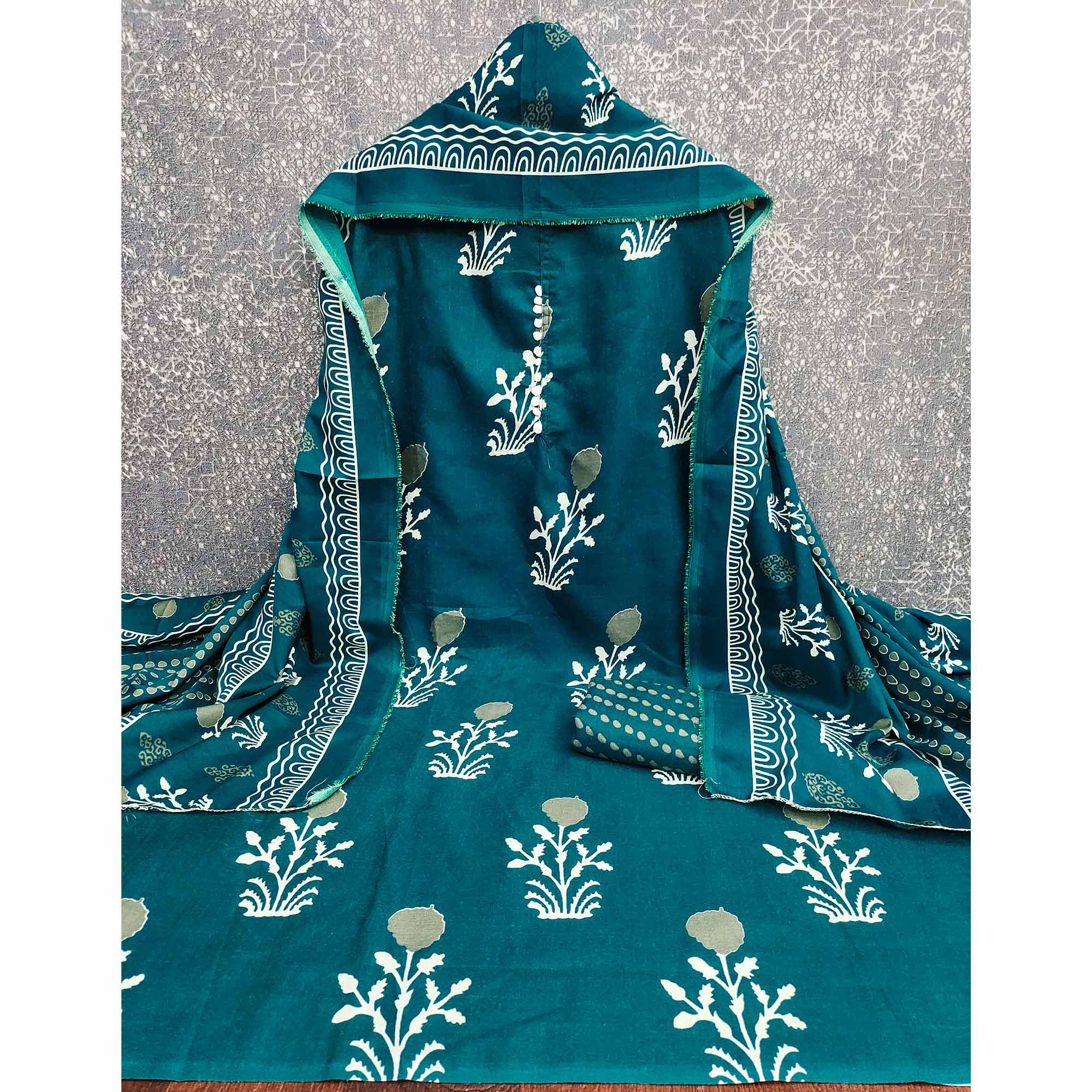 Teal Cotton Blend Dress Material Designed With Beautiful Floral Prints