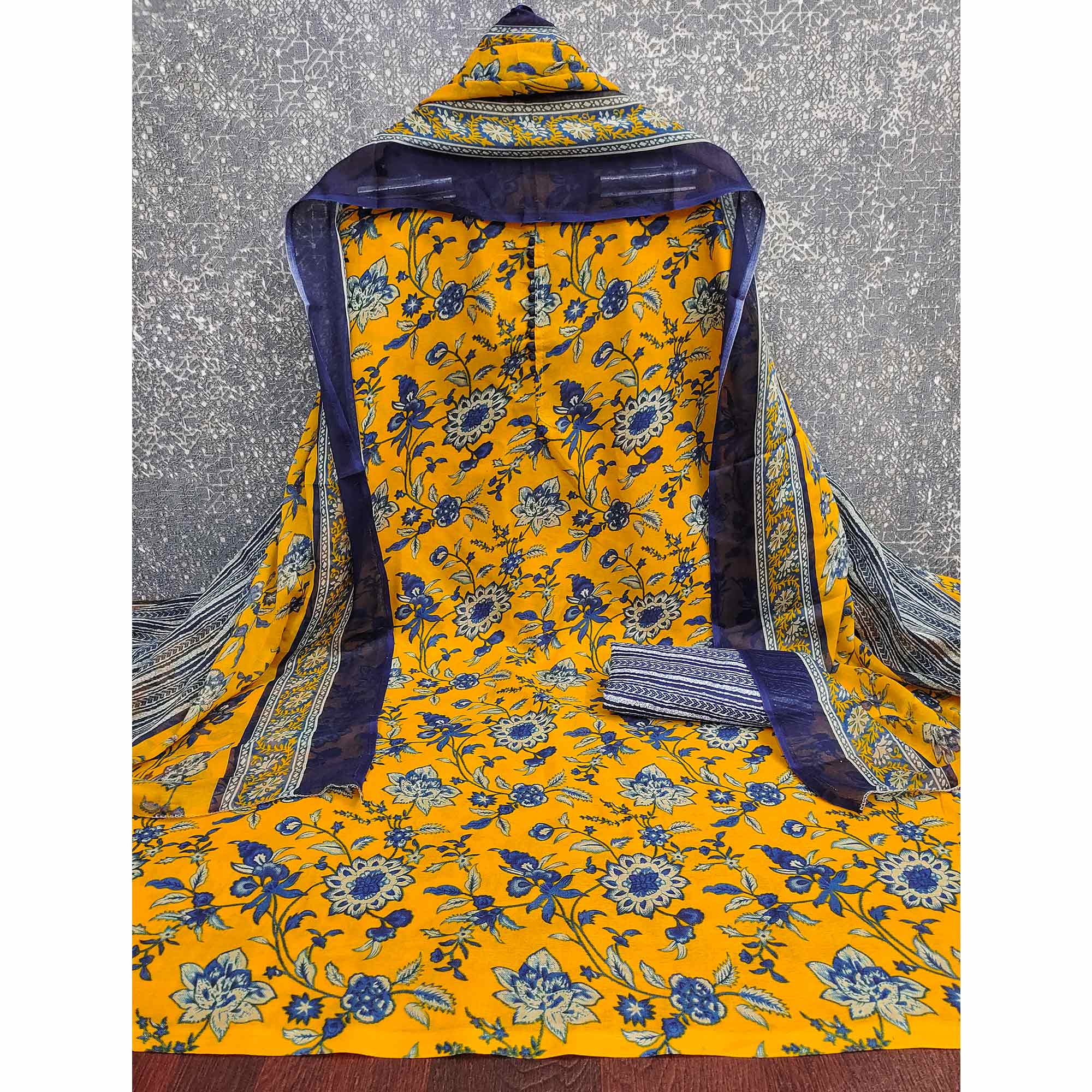 Yellow Cotton Blend Dress Material Designed With Beautiful Floral Prints