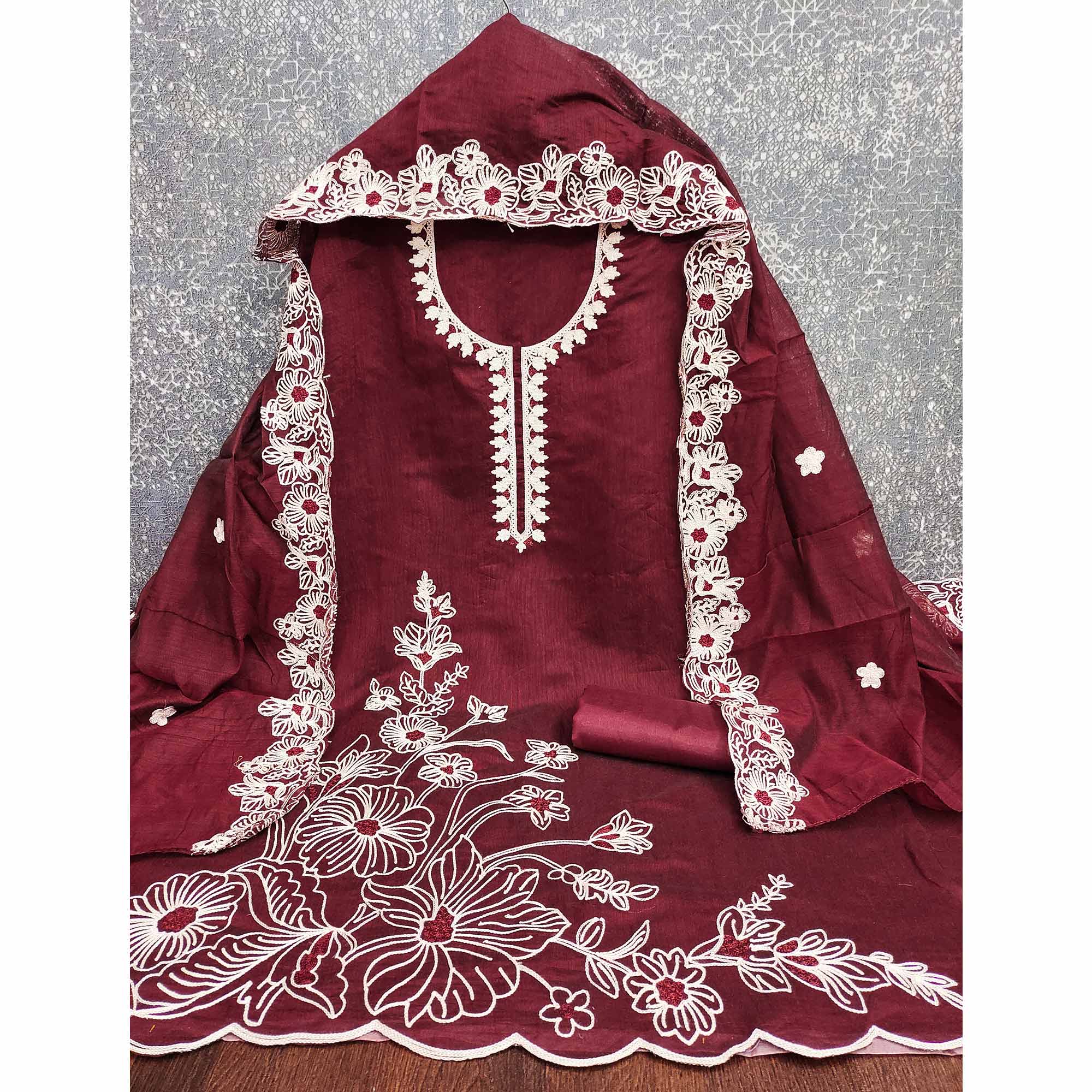 Maroon Chanderi Silk Dress Material Enhanced With Floral Thread Embroidered Work