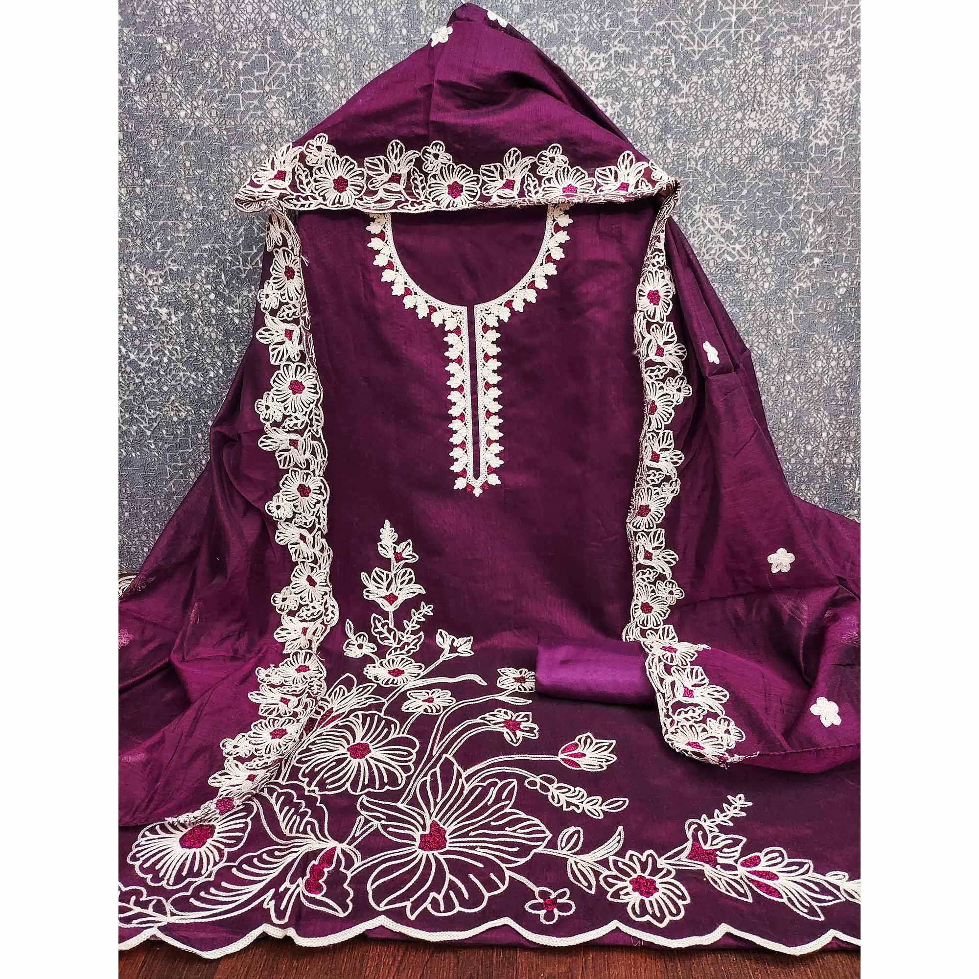 Purple Chanderi Silk Dress Material Enhanced With Floral Thread Embroidered Work