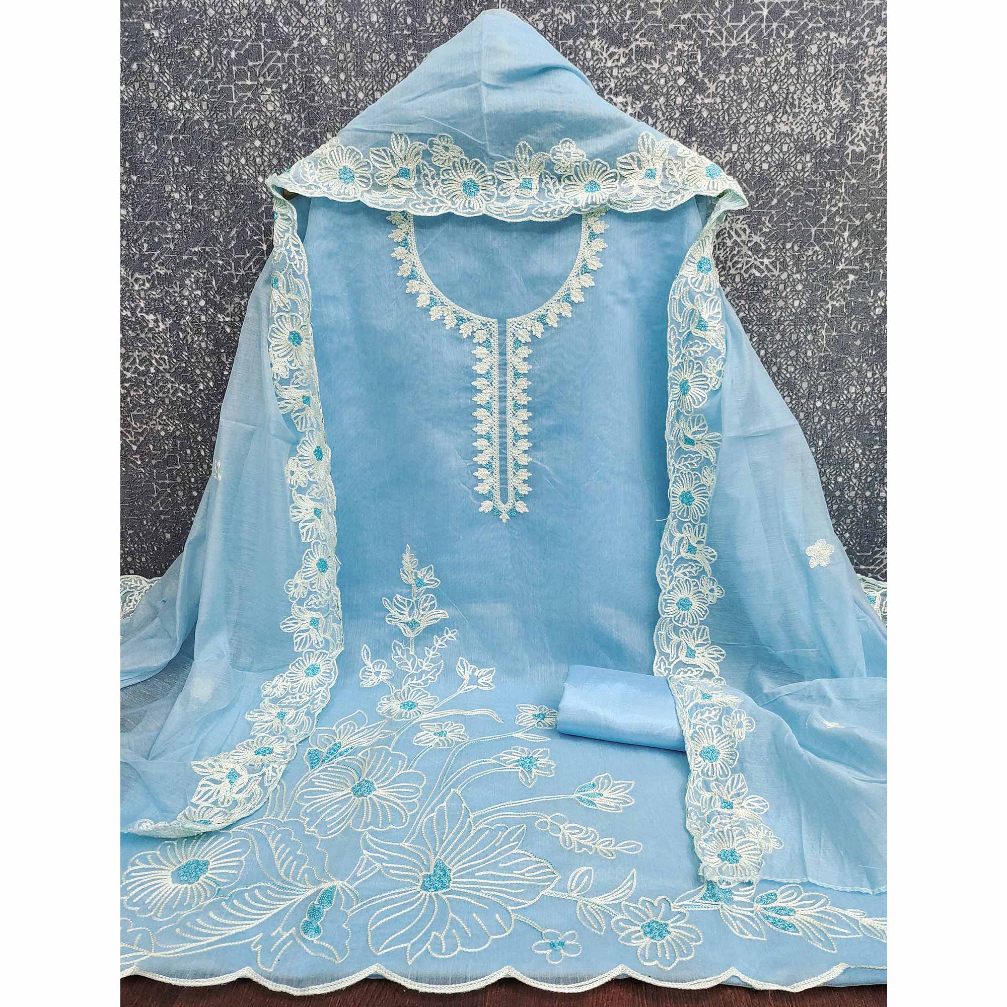 Sky Blue Chanderi Silk Dress Material Enhanced With Floral Thread Embroidered Work