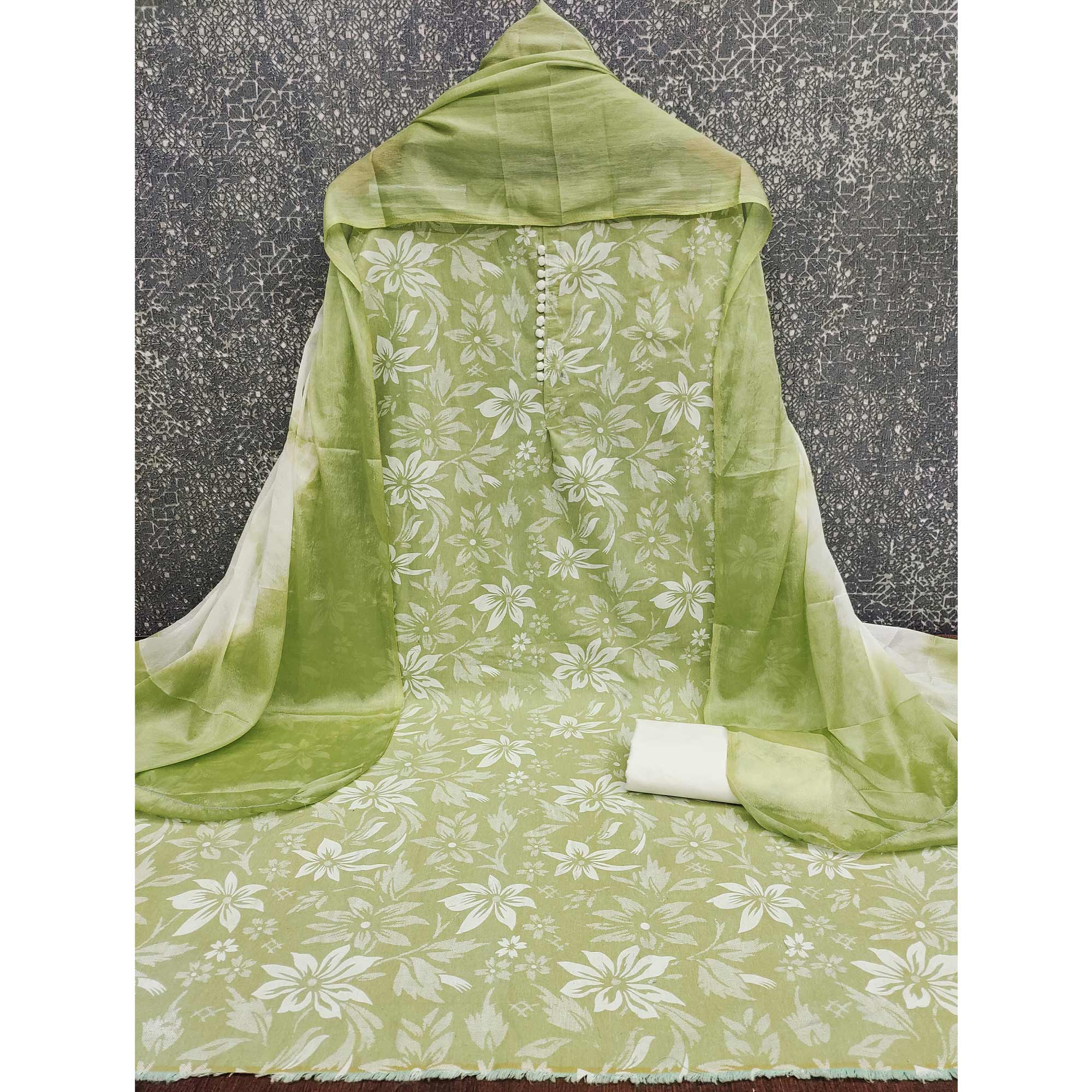 Green Cotton Blend Dress Material Adorned With Floral Printed Work