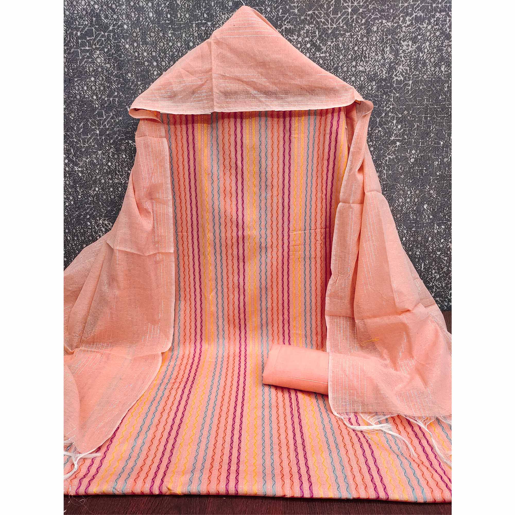 Peach Poly Cotton Blend  Dress Material Highlighted With Striped Woven Work