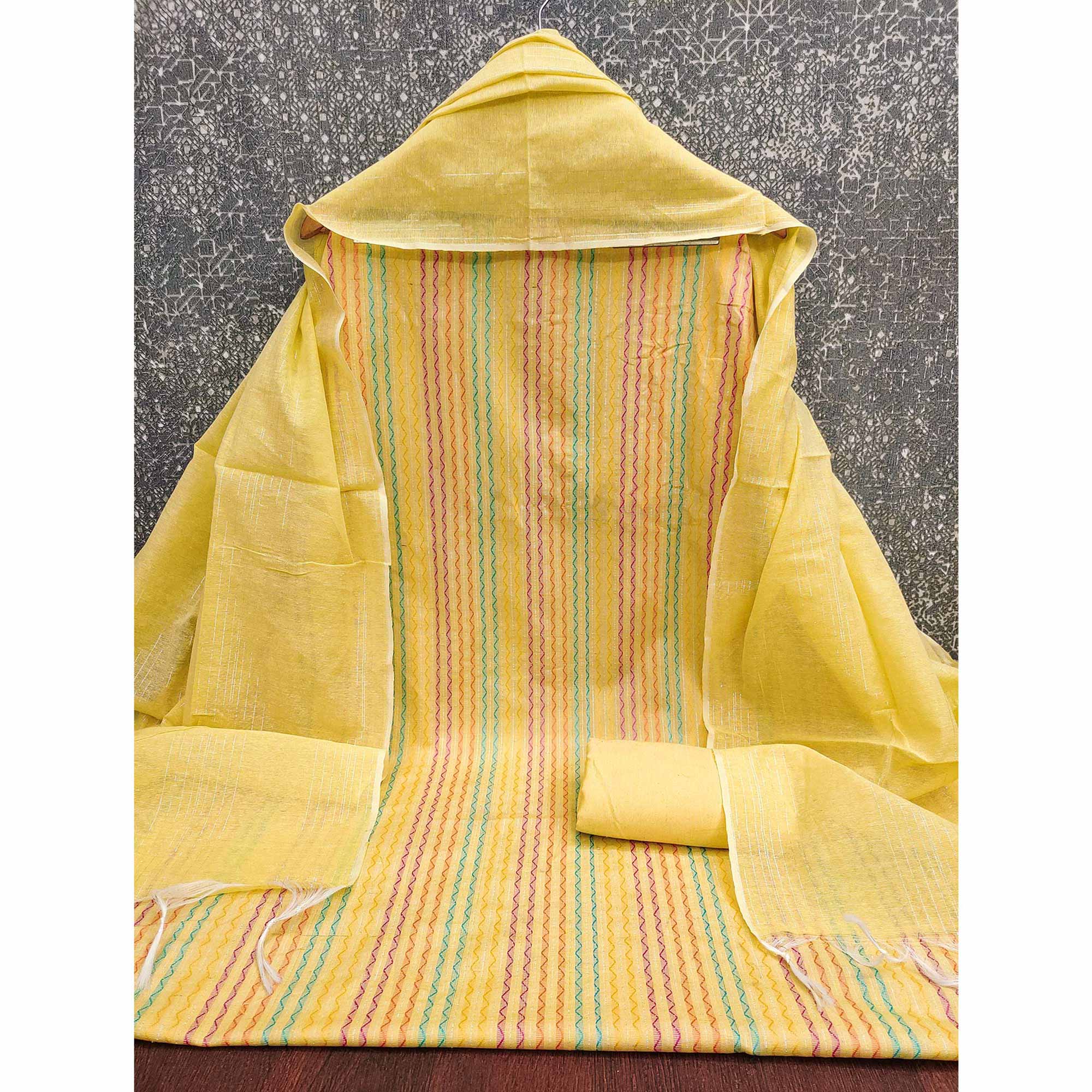 Yellow Poly Cotton Blend  Dress Material Highlighted With Striped Woven Work