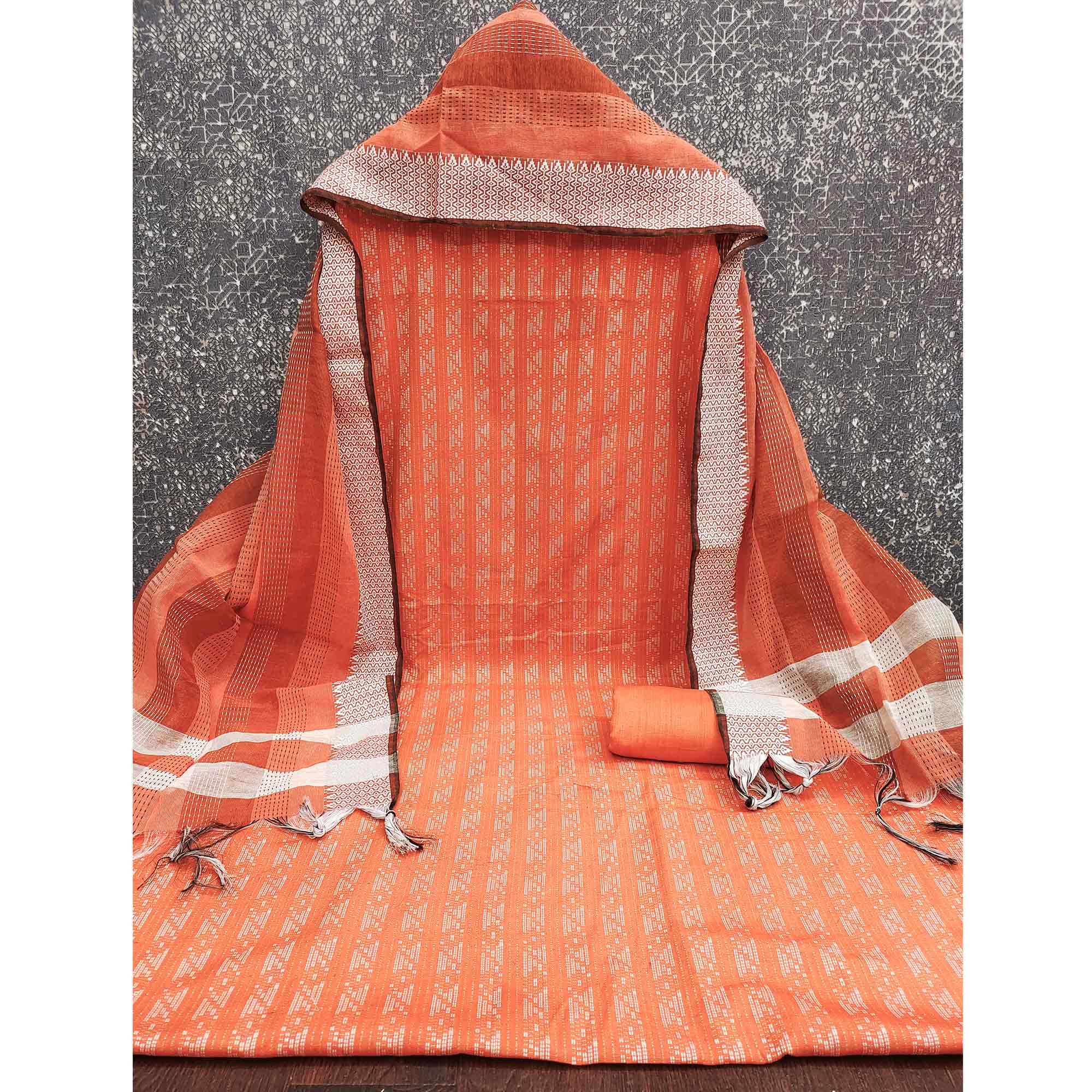 Orange Poly Cotton Blend Dress Material With Striped Pattern Weaving Work