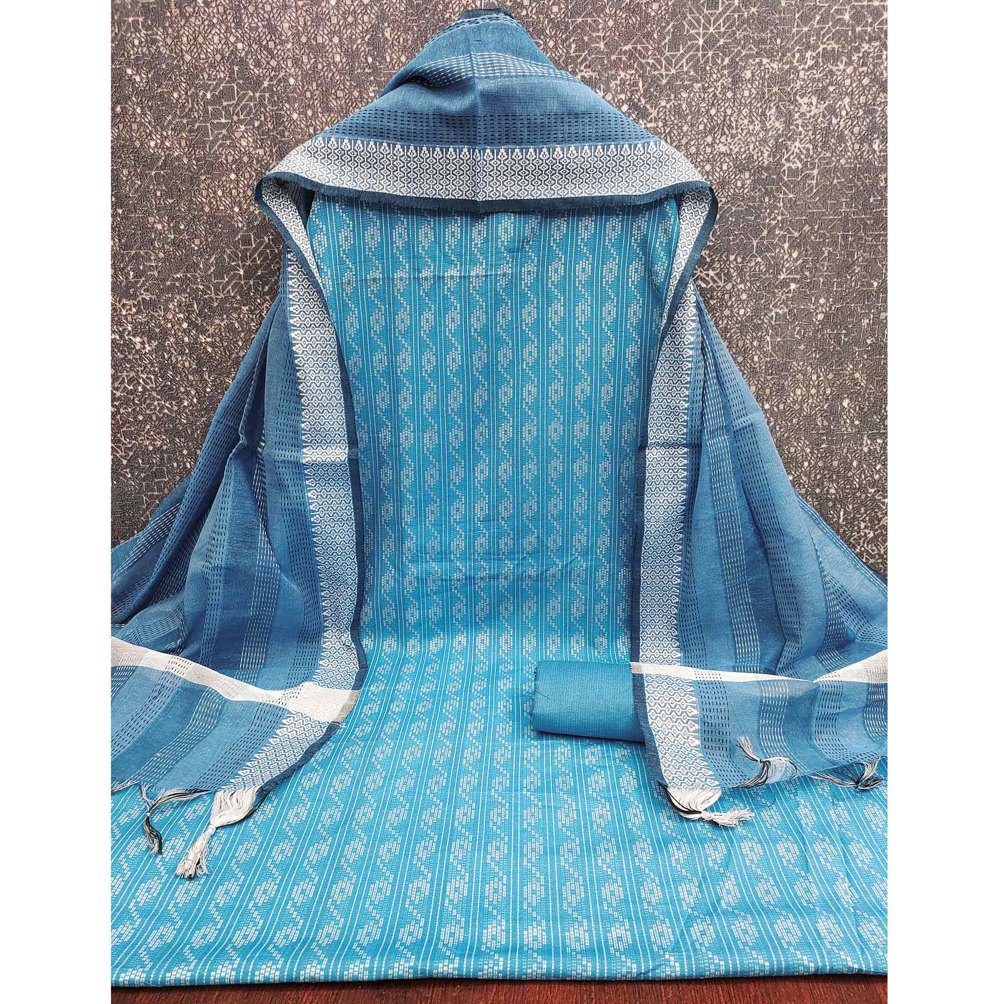 Blue Poly Cotton Blend Dress Material With Striped Pattern Weaving Work