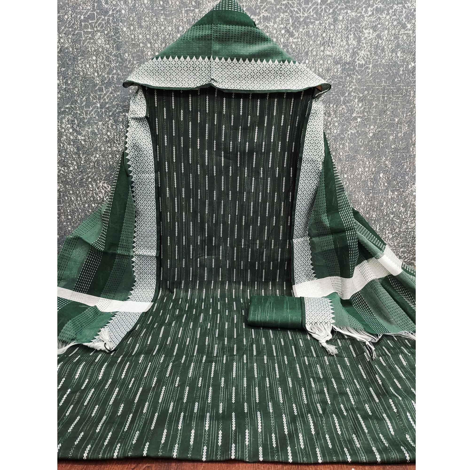 Green Poly Cotton Blend Dress Material Adorned With Striped Weaving Work
