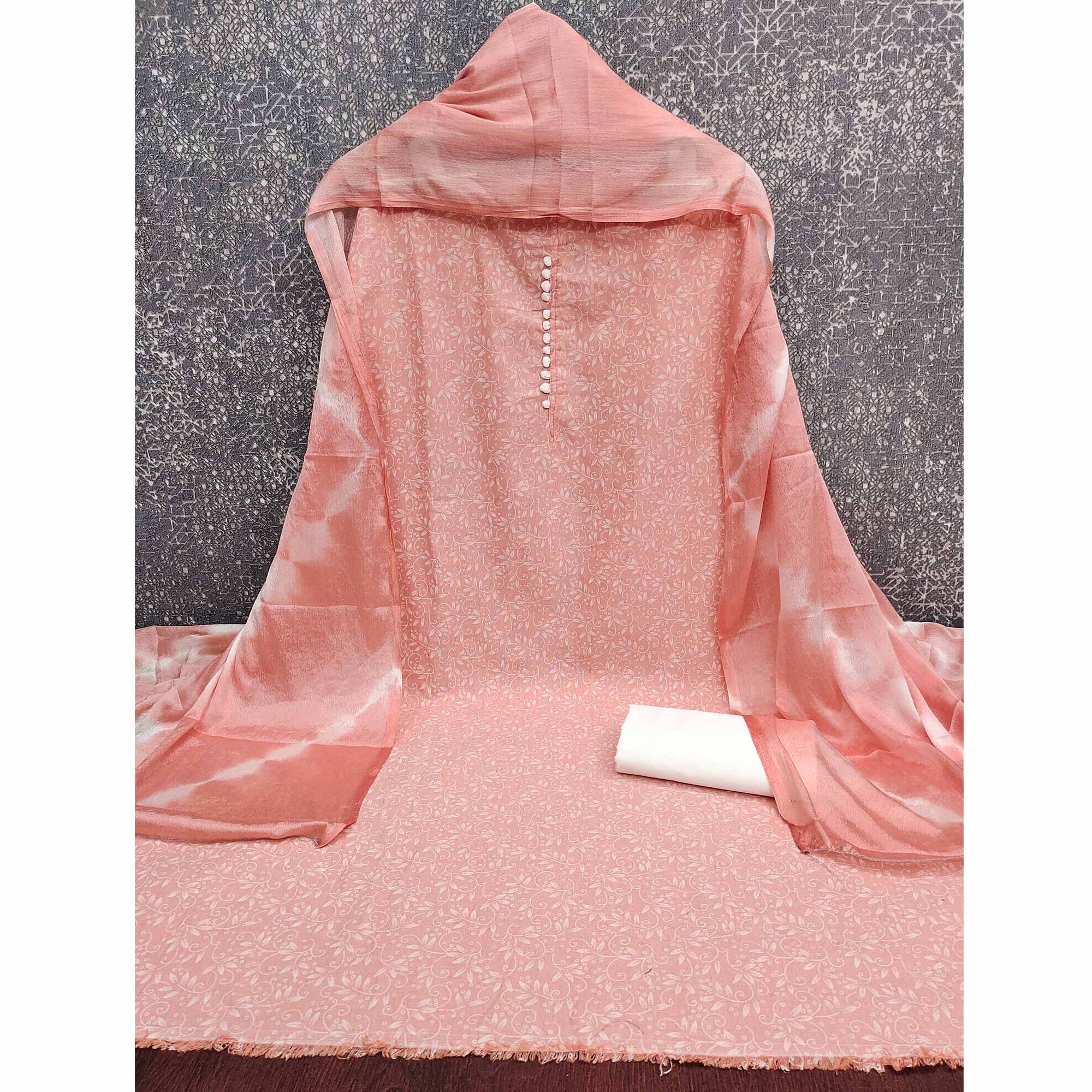 Peach Cotton Blend Dress Material Enhanced With Artistic Floral Printed Work