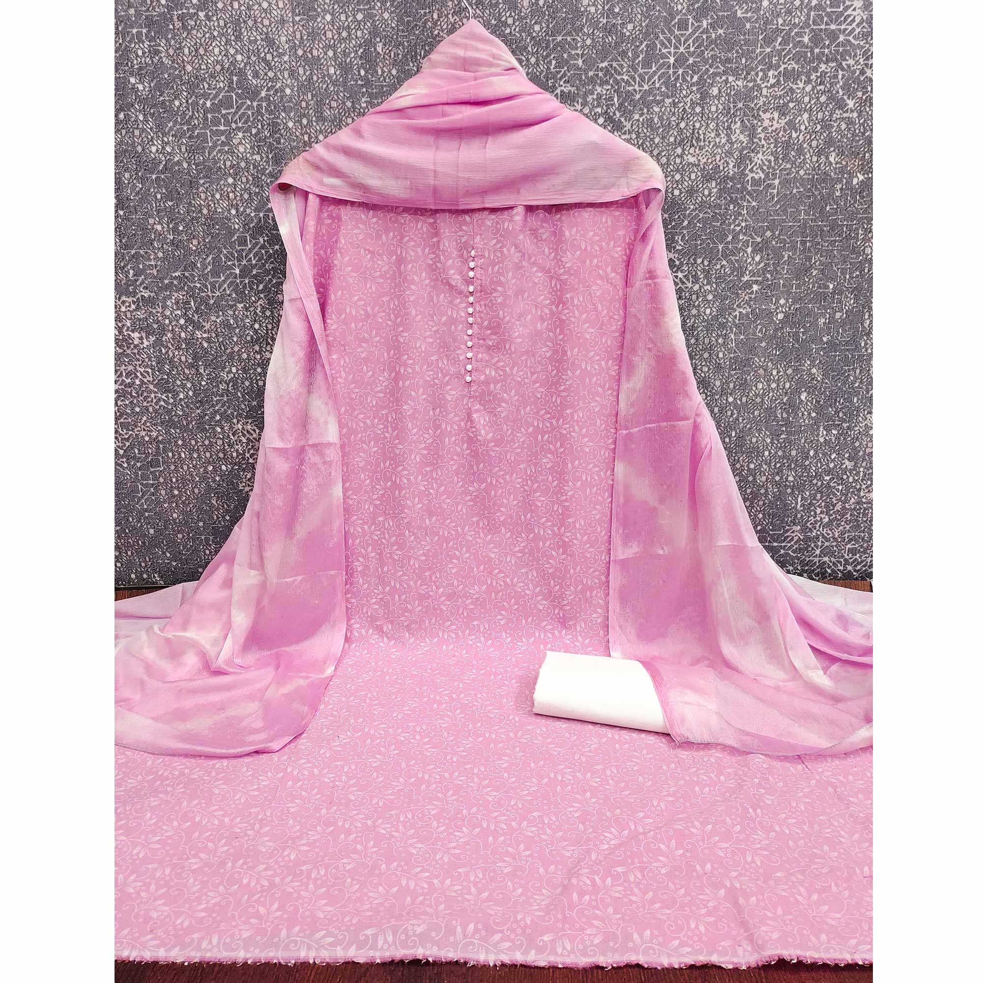 Pink Cotton Blend Dress Material Enhanced With Artistic Floral Printed Work