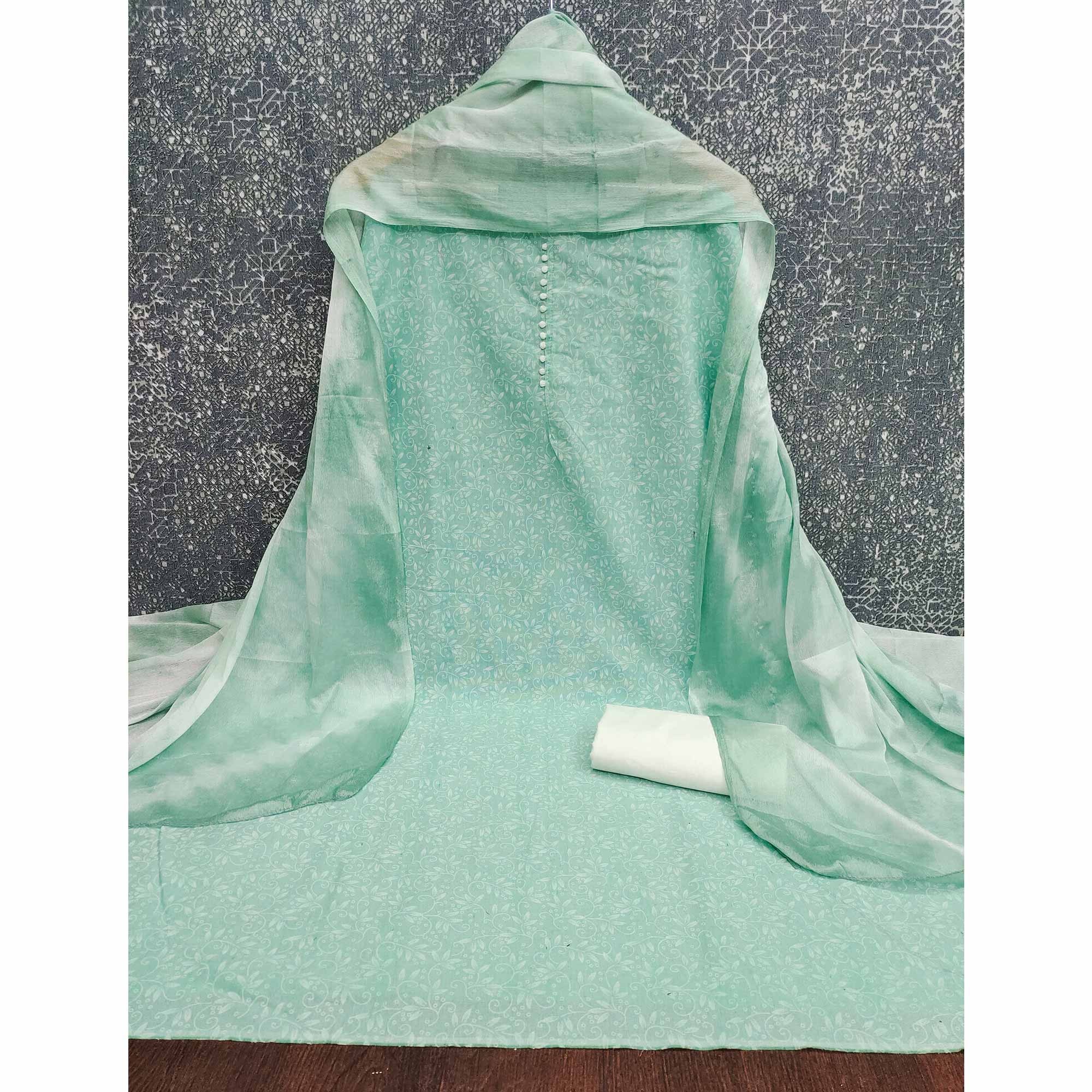 Sea Green Cotton Blend Dress Material Enhanced With Artistic Floral Printed Work