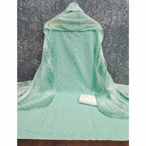 Sea Green Cotton Blend Dress Material Enhanced With Artistic Floral Printed Work