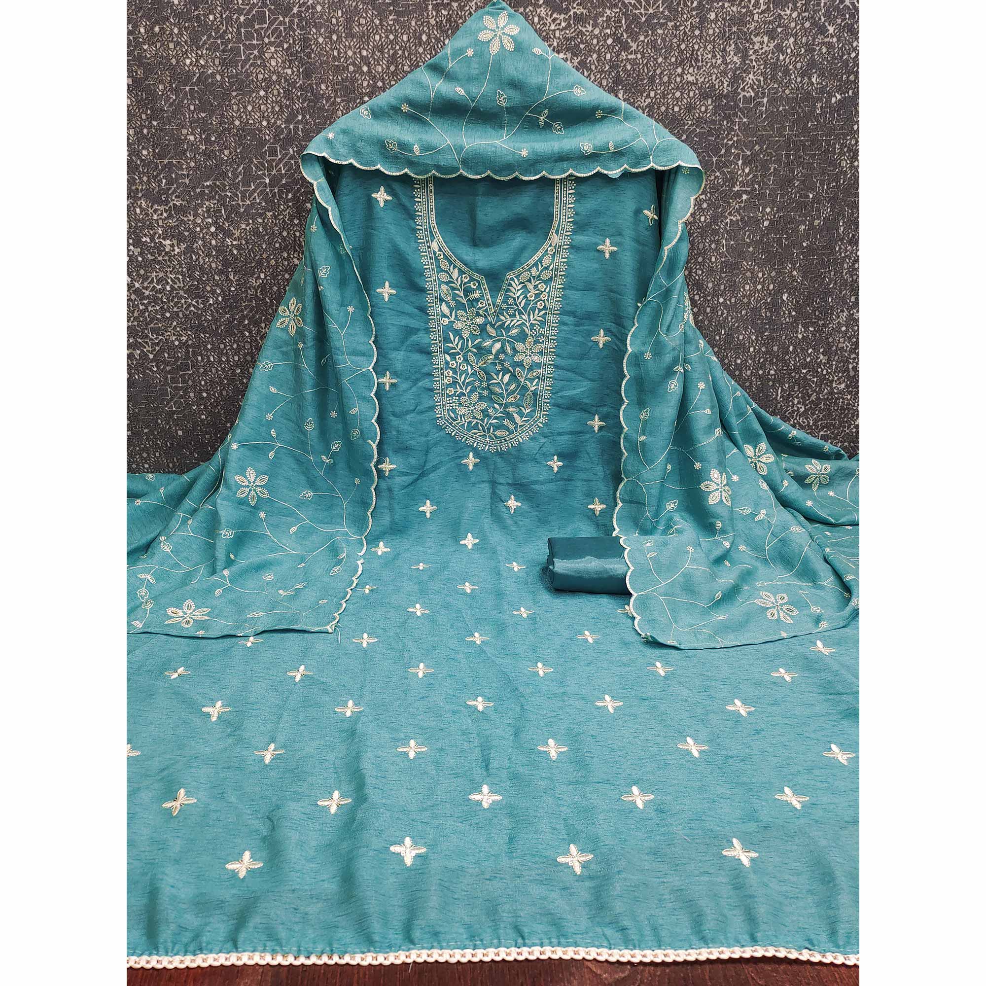 Stylish Blue Floral Thread Embroidery & Sequins Work Vichitra Silk Dress Material