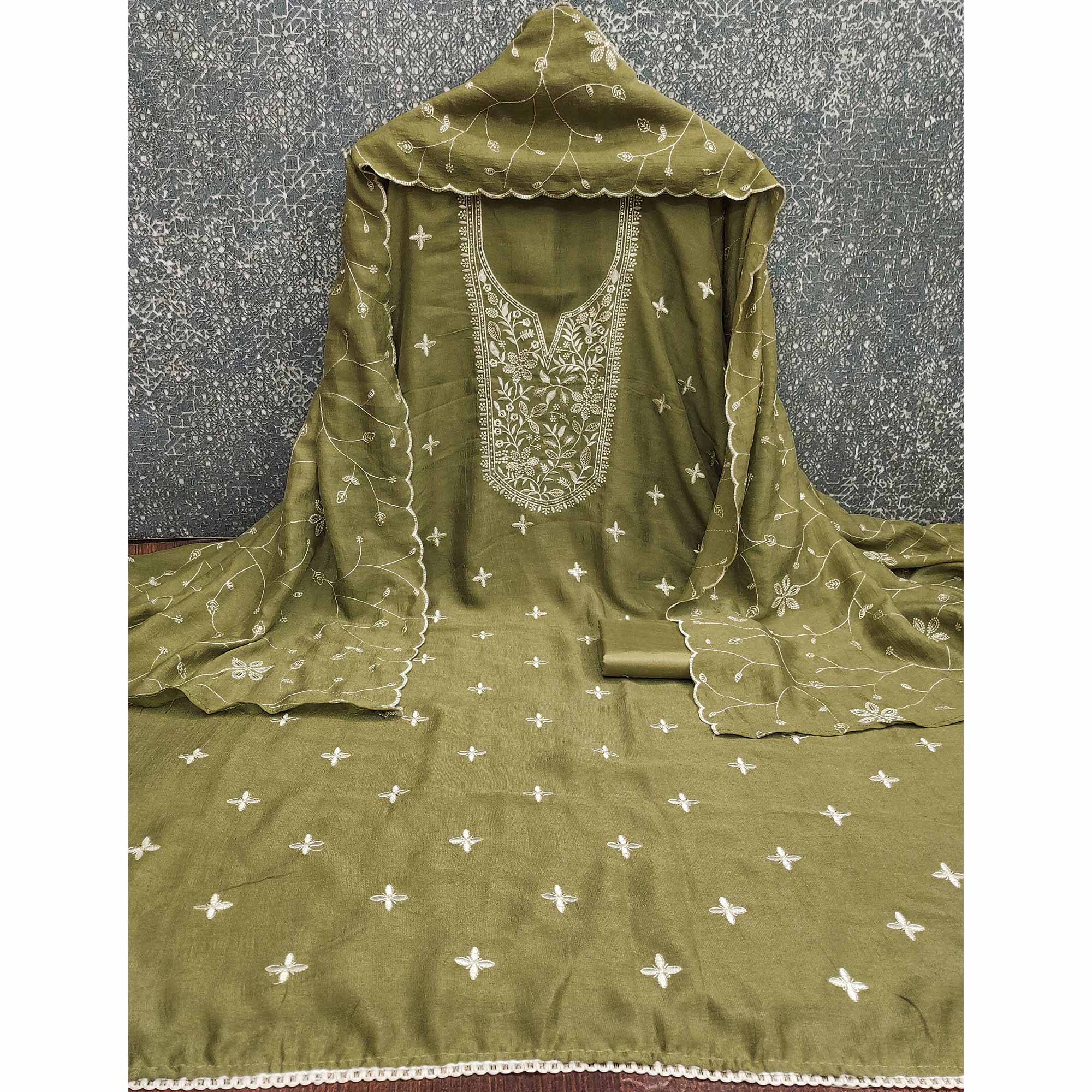 Charming Green Vichitra Silk Dress Material With Floral Thread & Sequins Work