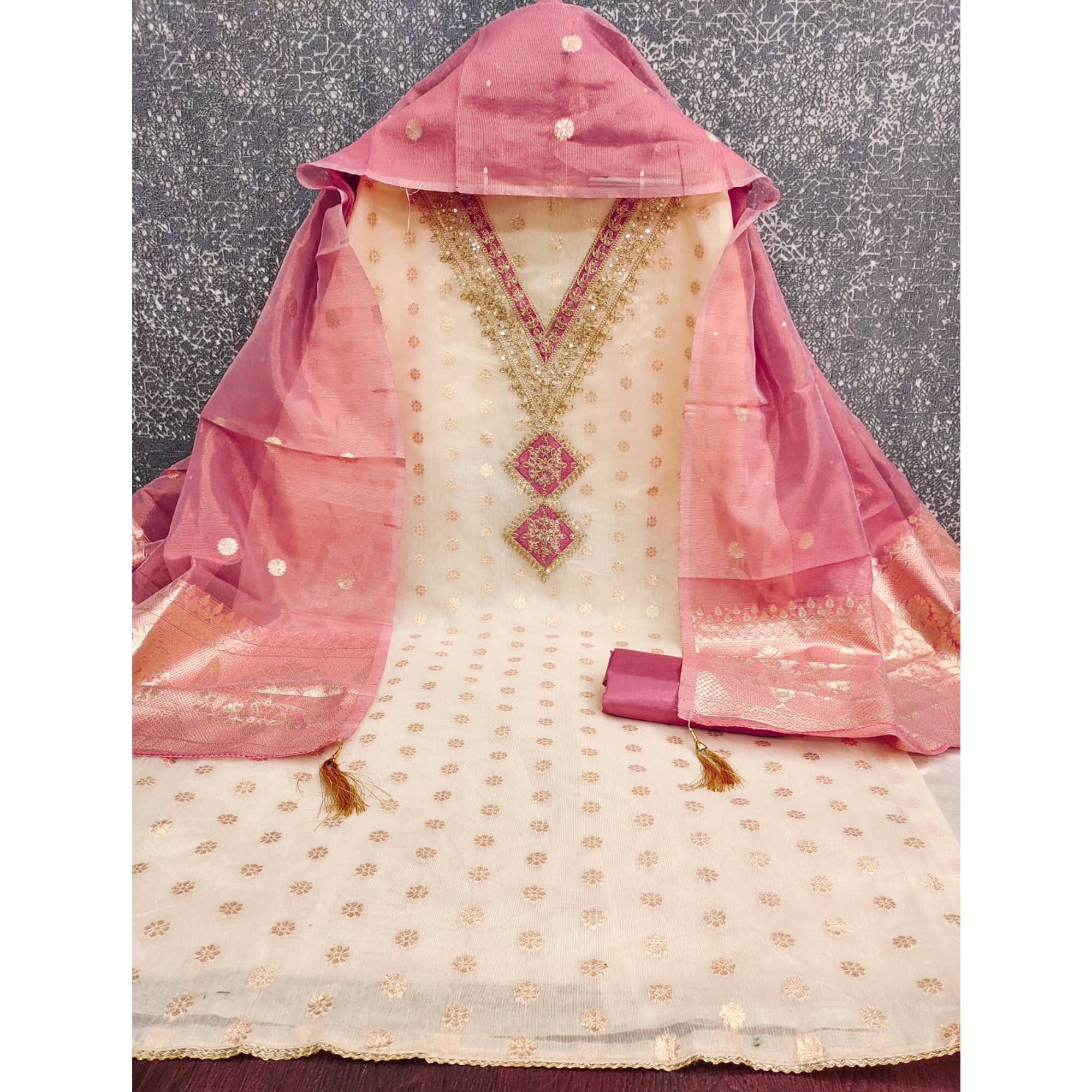 Cream & Gajari Pink Shimmer Featuring Floral Butti Weaving With Cording Embroidered Dress Material