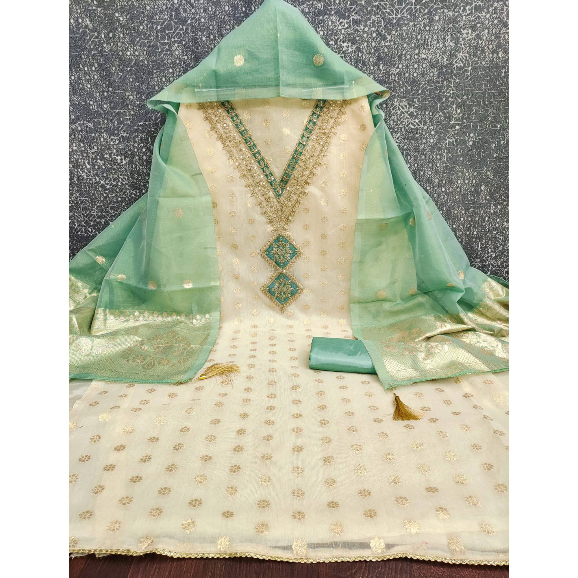 Cream & Green Shimmer Featuring Floral Butti Weaving With Cording Embroidered Dress Material