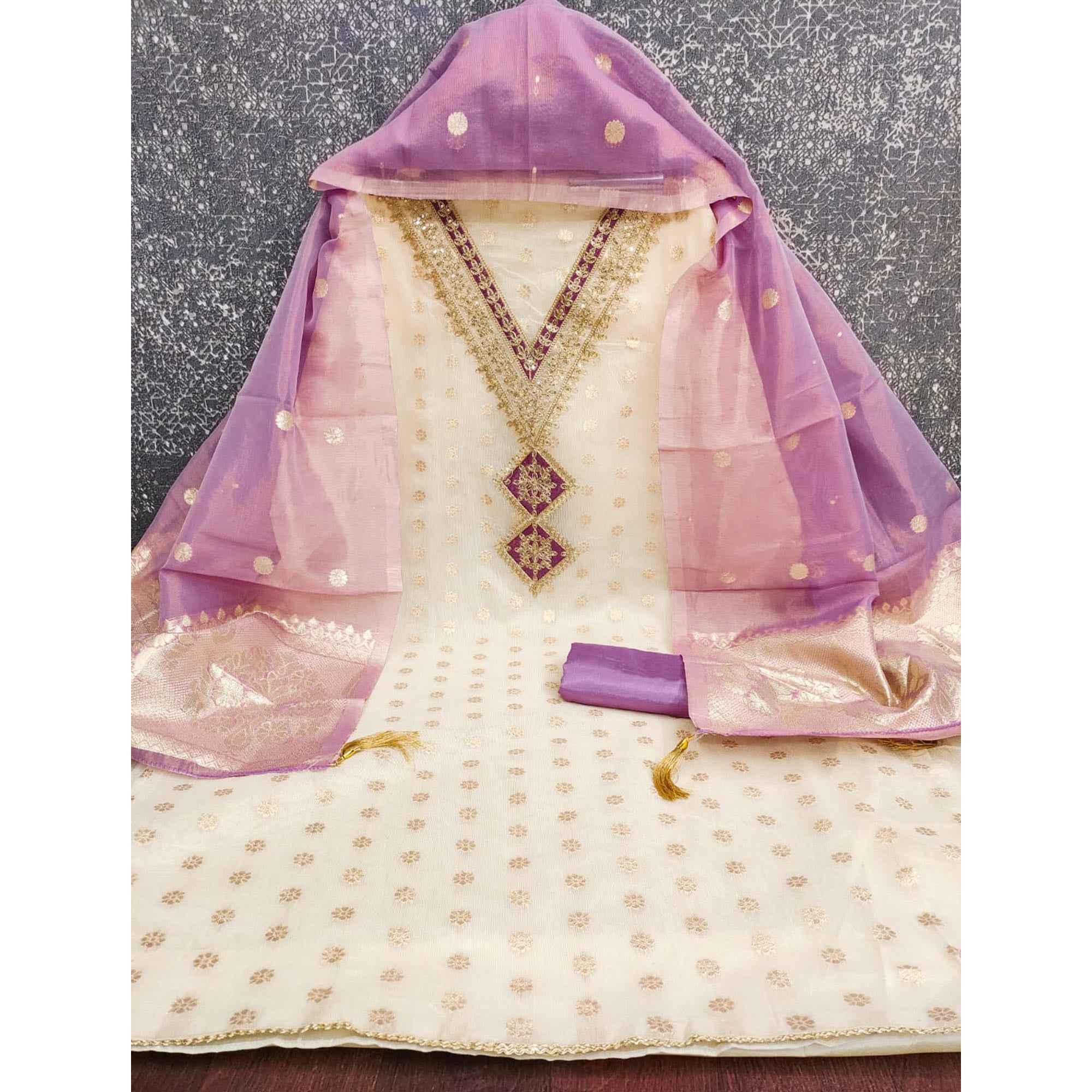 Cream & Lavender Shimmer Featuring Floral Butti Weaving With Cording Embroidered Dress Material