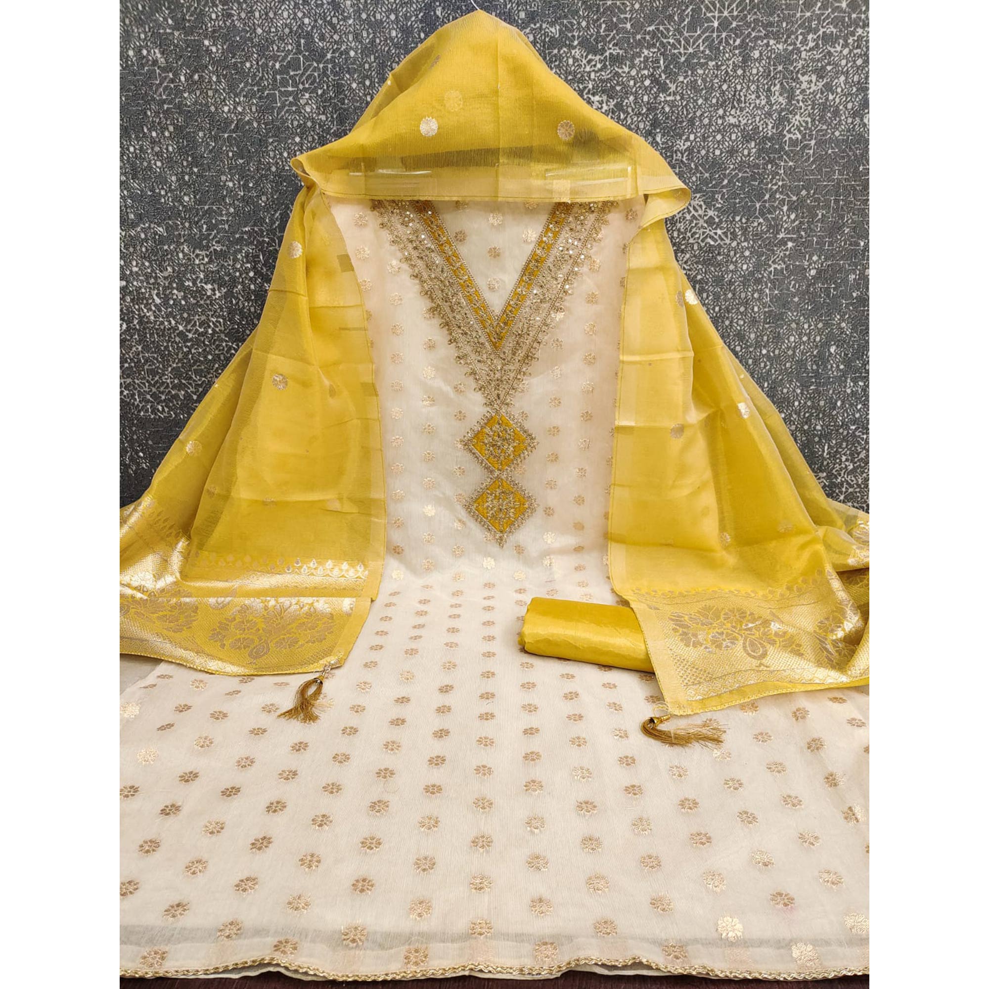 Cream & Yellow Shimmer Featuring Floral Butti Weaving With Cording Embroidered Dress Material