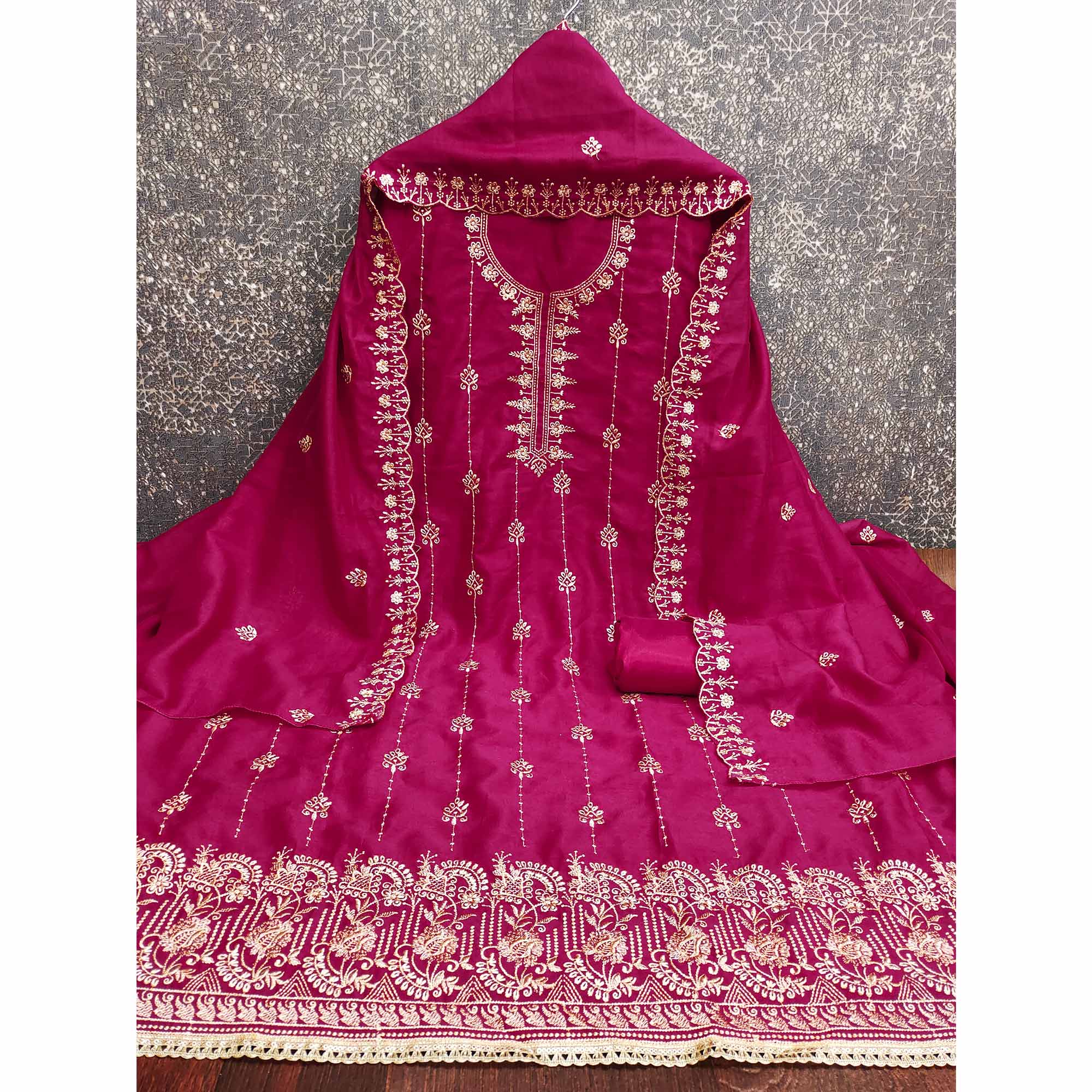 Pink Floral Elegance Zari Embroidered Vichitra Silk Dress Material