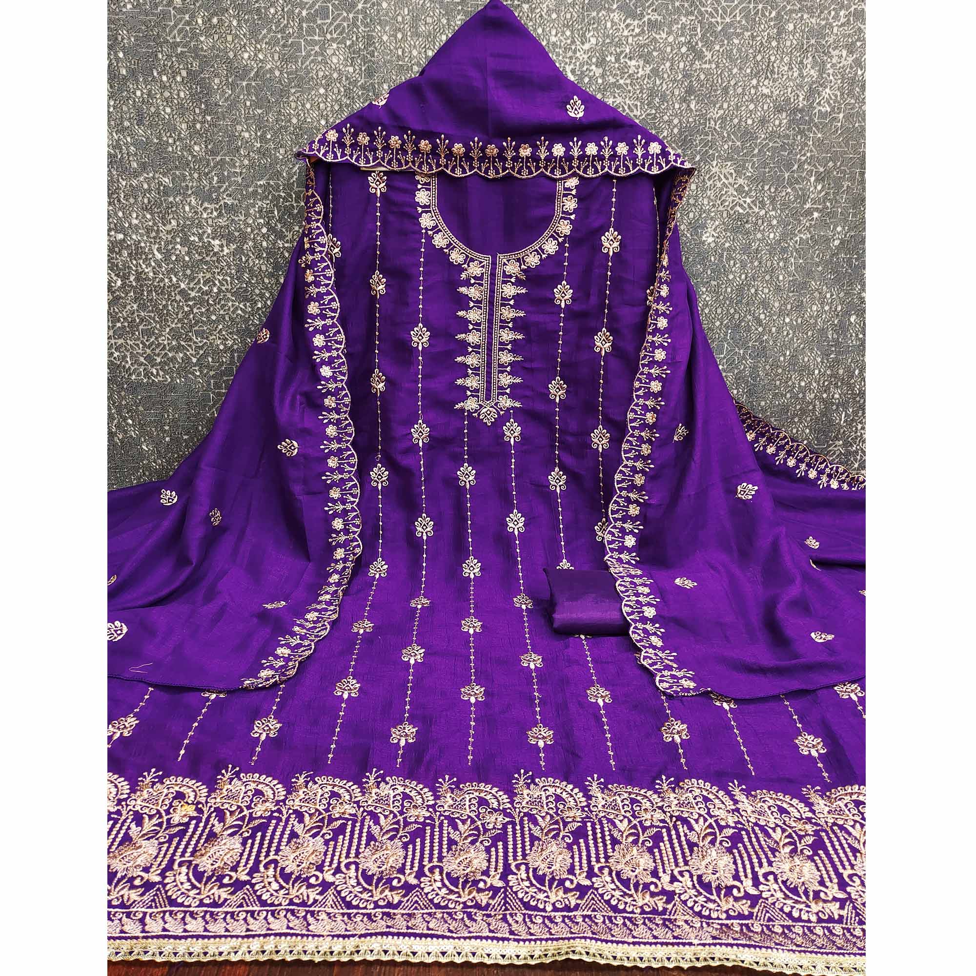 Purple Floral Elegance Zari Embroidered Vichitra Silk Dress Material