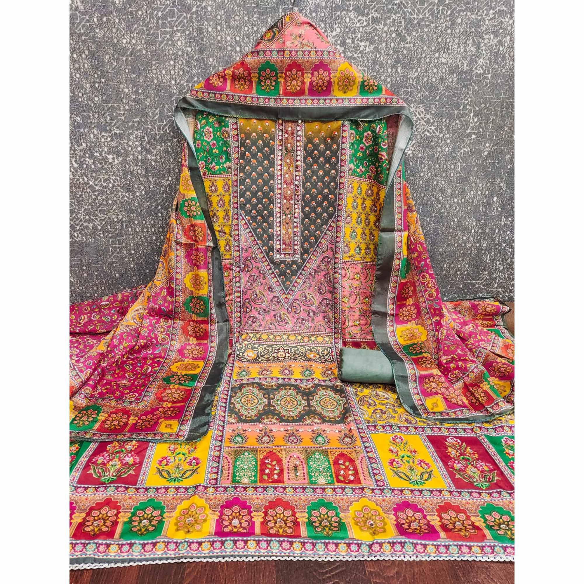 Grey Floral Printed Chinon Dress Material Embellished With Mirror & Stone Work