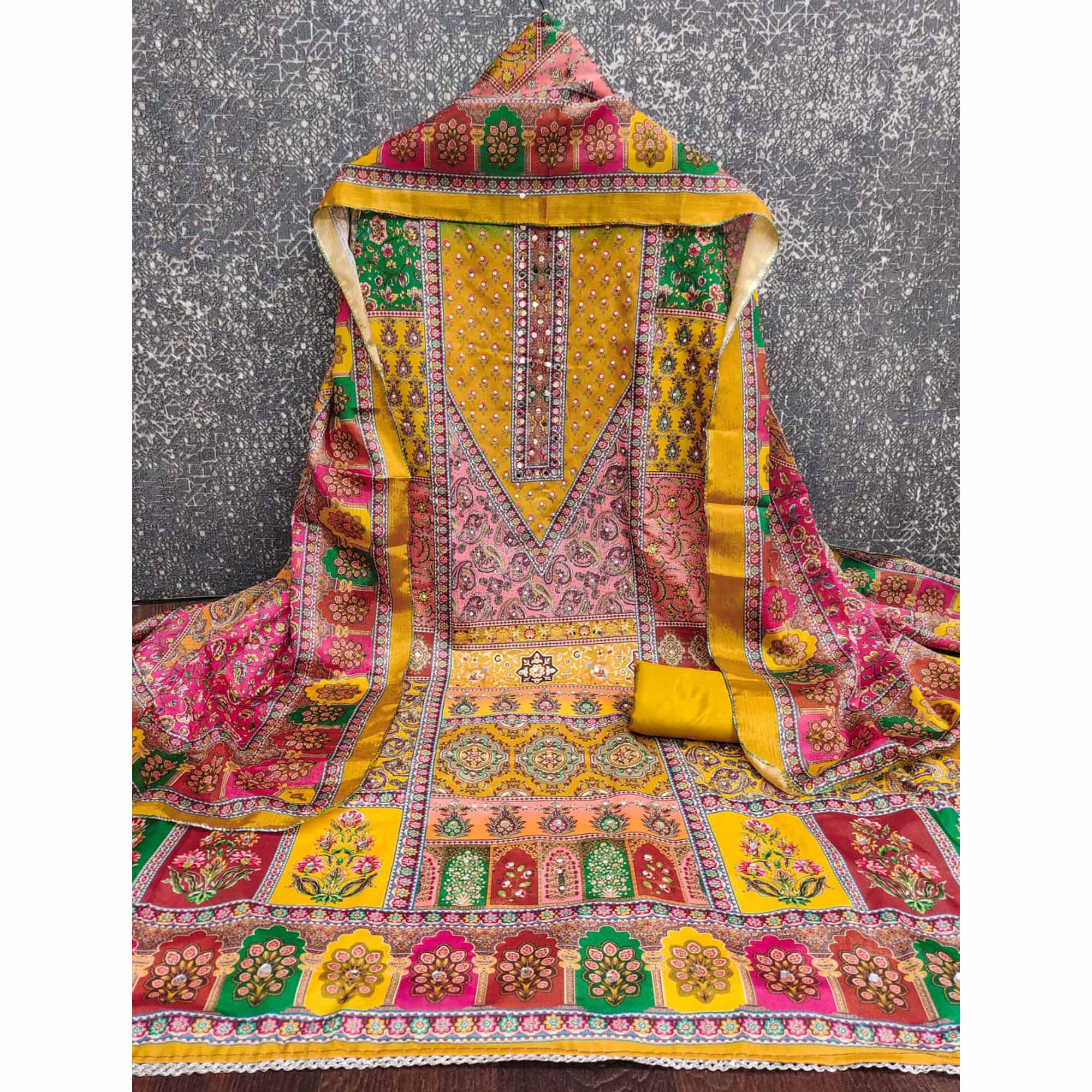 Mustard Floral Printed Chinon Dress Material Embellished With Mirror & Stone Work