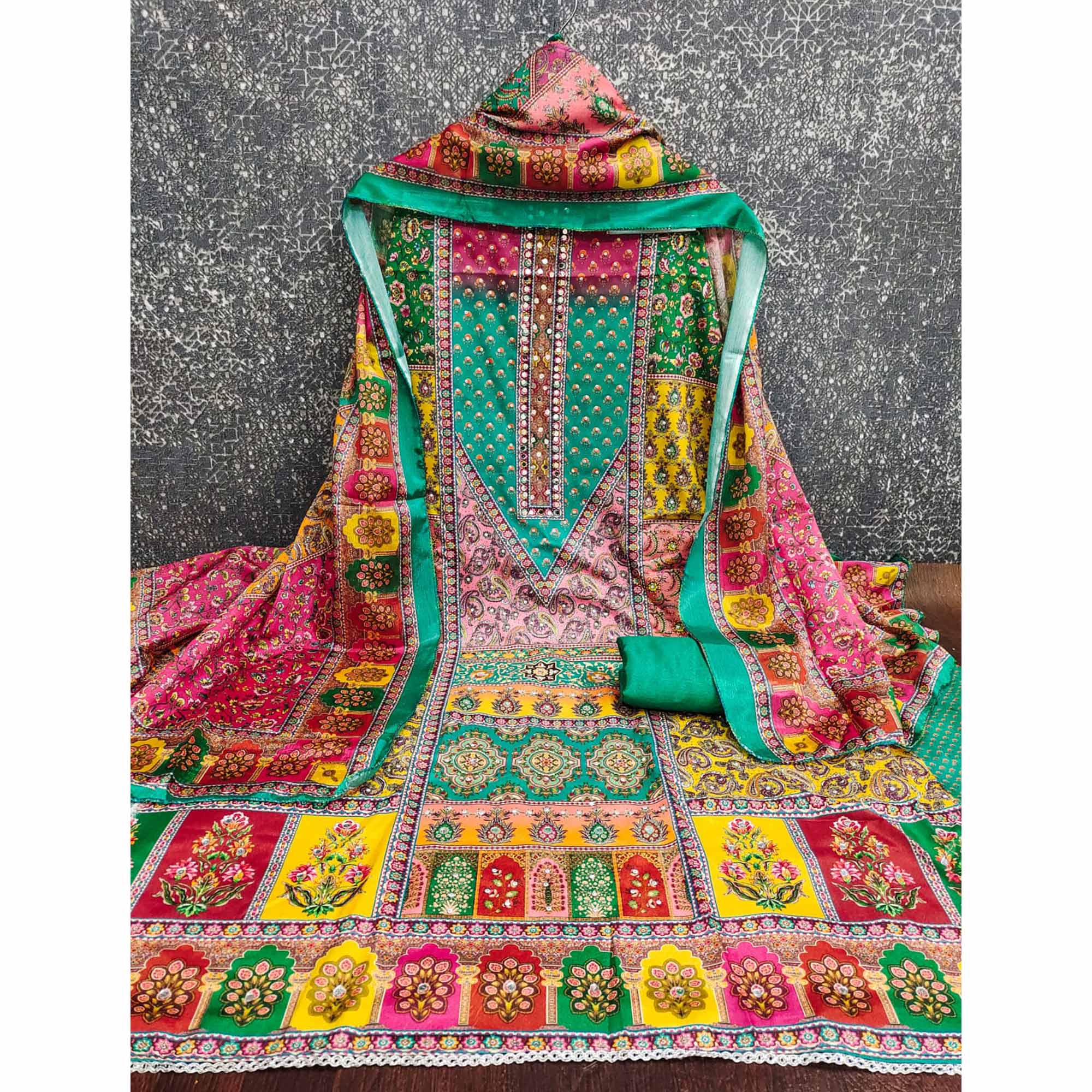 Rama Green Floral Printed Chinon Dress Material Embellished With Mirror & Stone Work